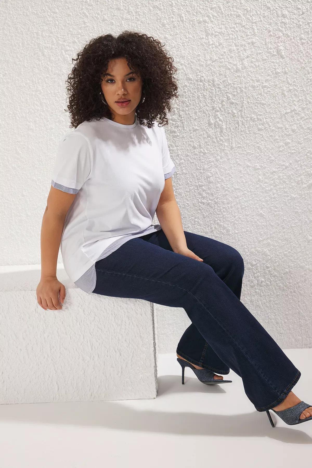 White Collared Striped Knitted Plus-Size T-Shirt, , large image number 1