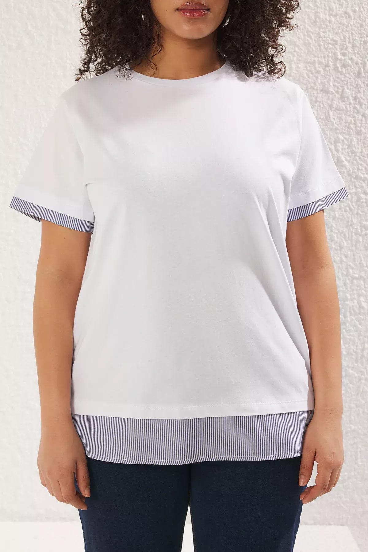 White Collared Striped Knitted Plus-Size T-Shirt, , large image number 2