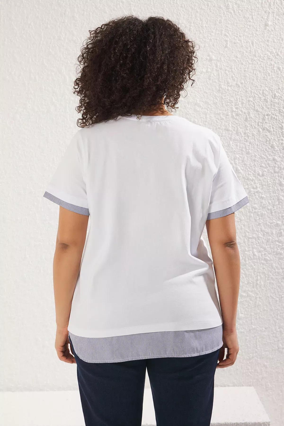 White Collared Striped Knitted Plus-Size T-Shirt, , large image number 3