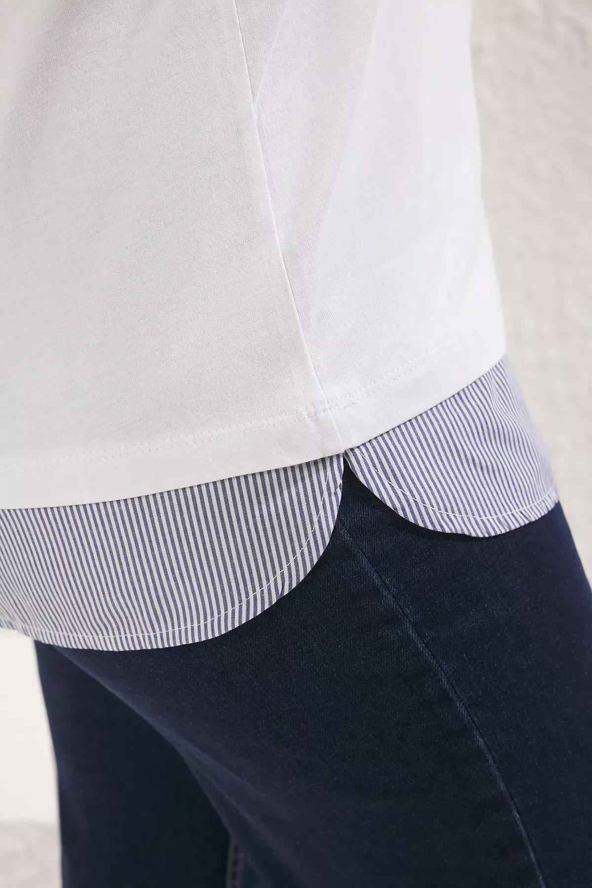 White Collared Striped Knitted Plus-Size T-Shirt, , large image number 4