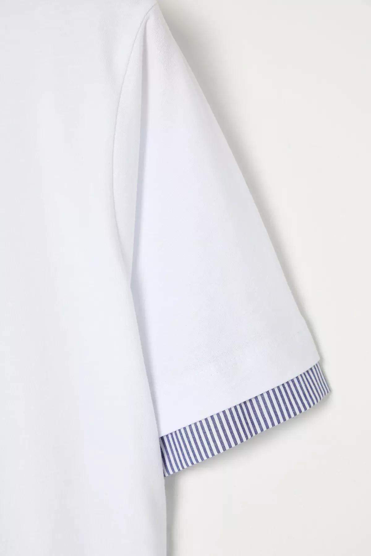 White Collared Striped Knitted Plus-Size T-Shirt, , large image number 5