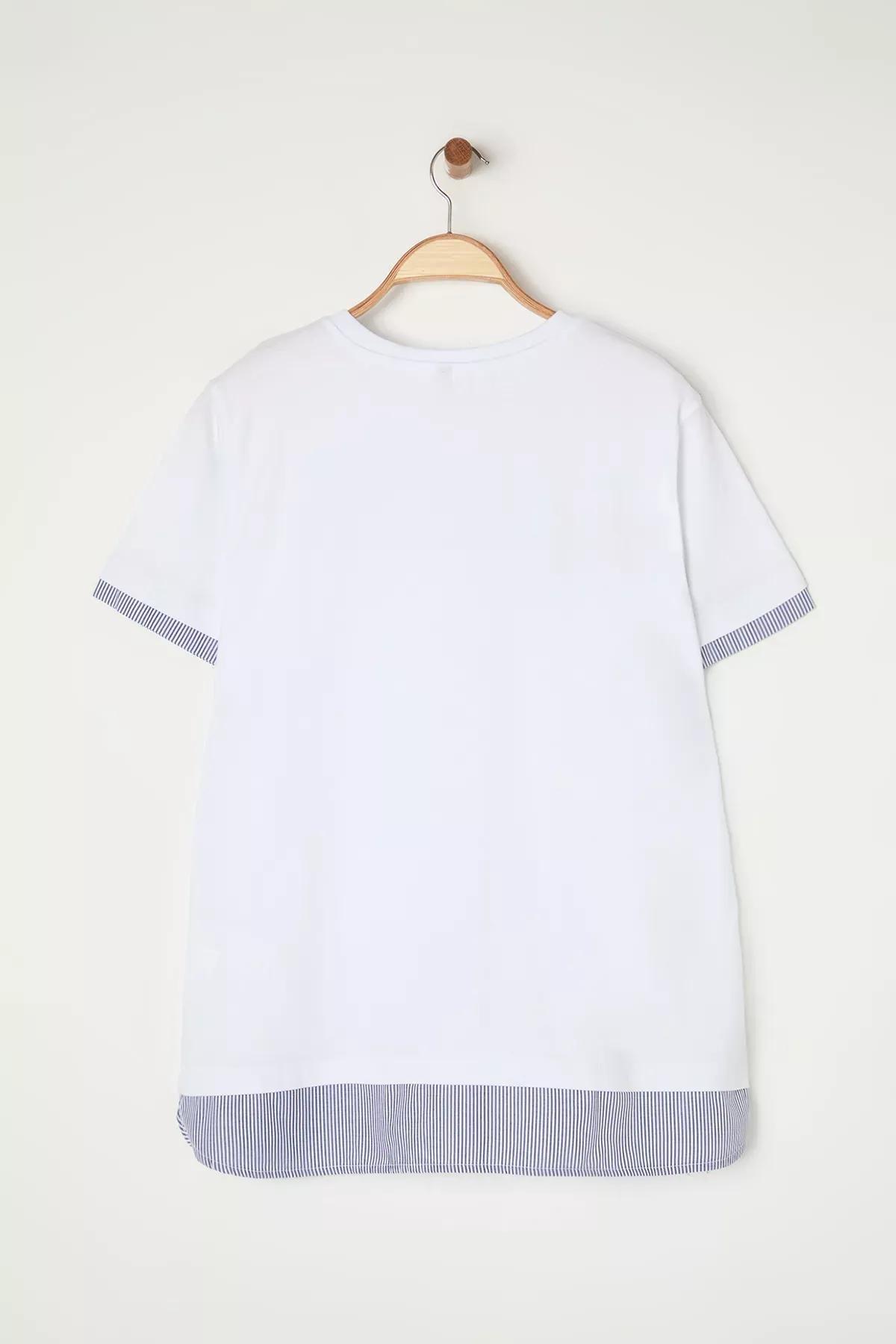 White Collared Striped Knitted Plus-Size T-Shirt, , large image number 7
