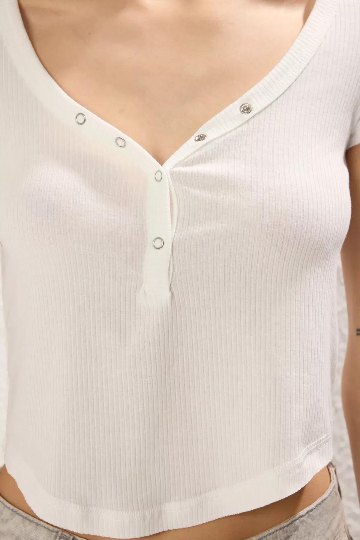 Beige Snap Ribbed Blouse, Ecru, large image number 2