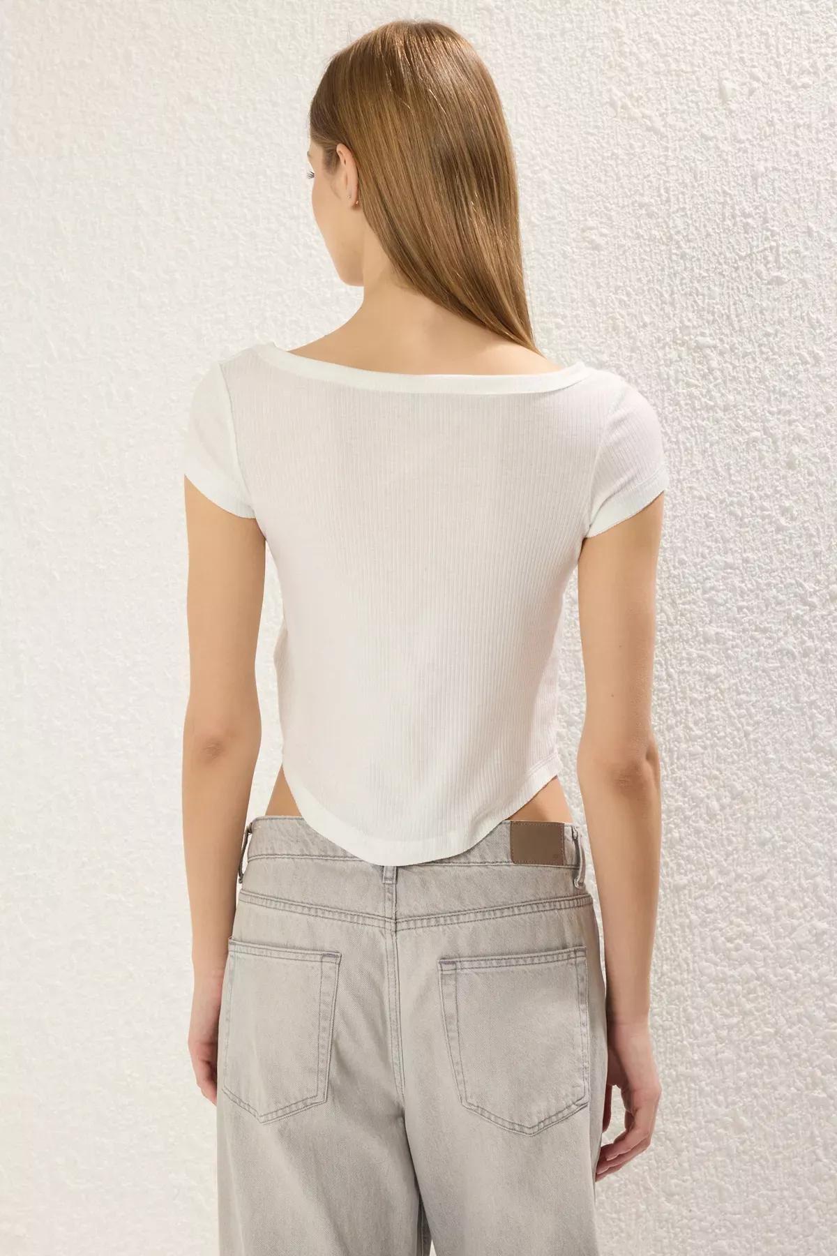 Beige Snap Ribbed Blouse, Ecru, large image number 3