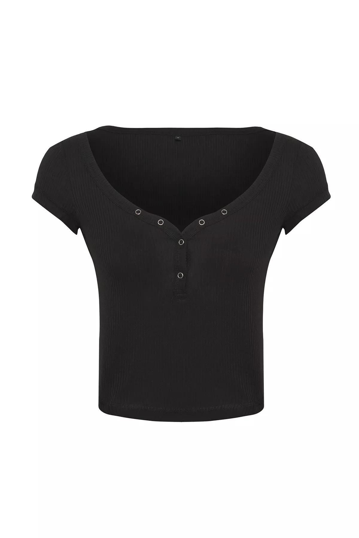Black Snap Ribbed Knit Blouse, , large image number 4