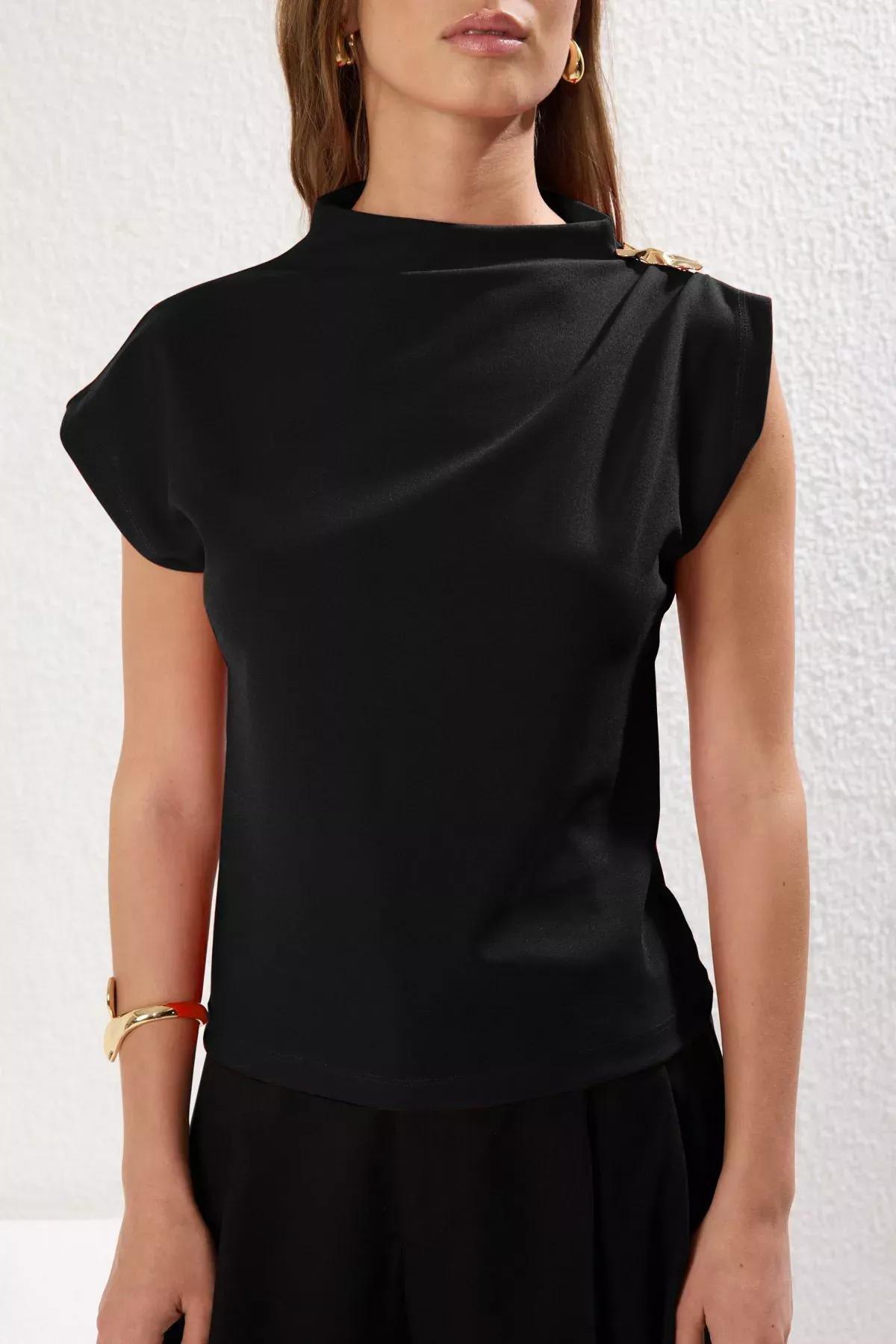 Black Draped Knit Blouse, , large image number 1