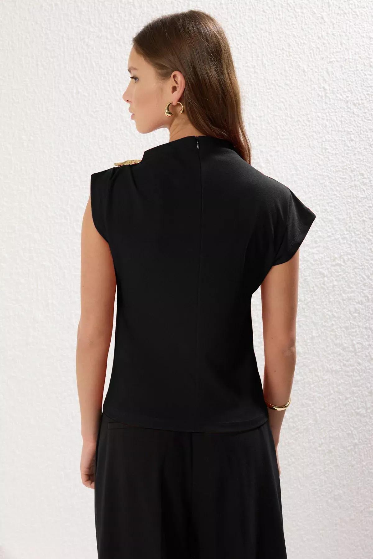 Black Draped Knit Blouse, , large image number 4