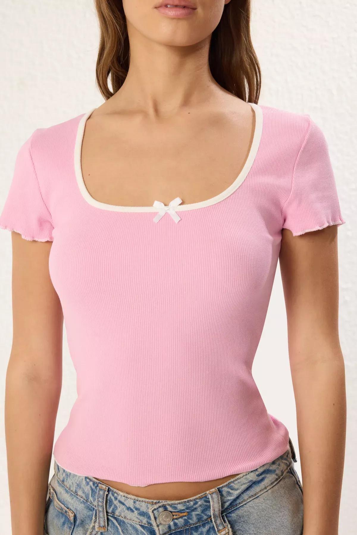 Pink Fitted Elastic Knitted Blouse, , large image number 2