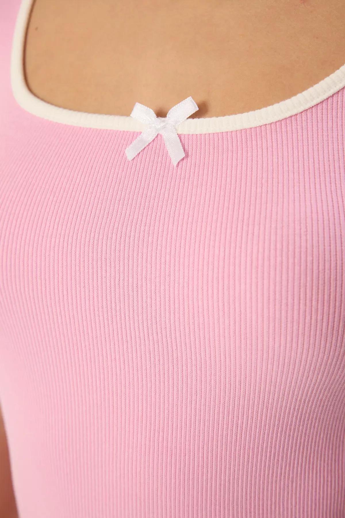 Pink Fitted Elastic Knitted Blouse, , large image number 3