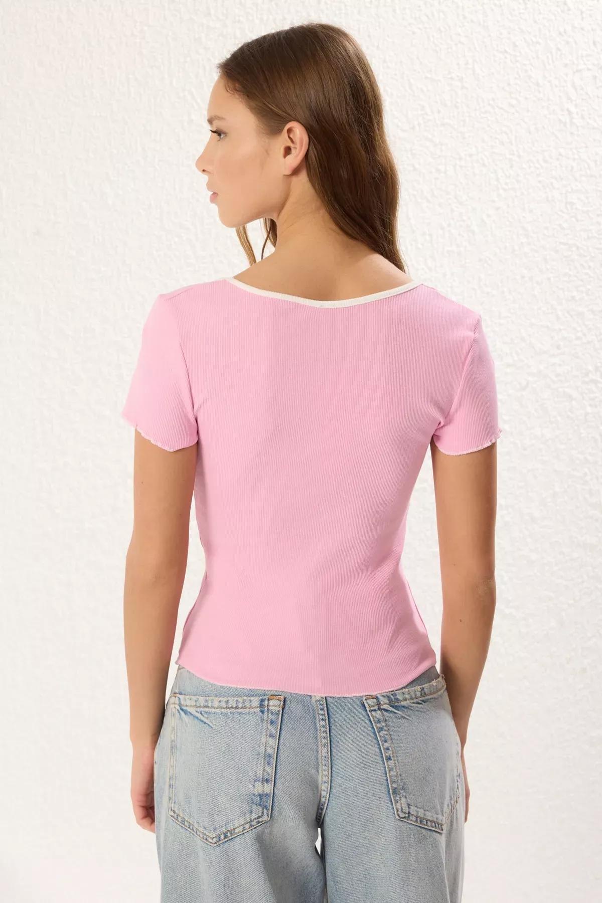 Pink Fitted Elastic Knitted Blouse, , large image number 4