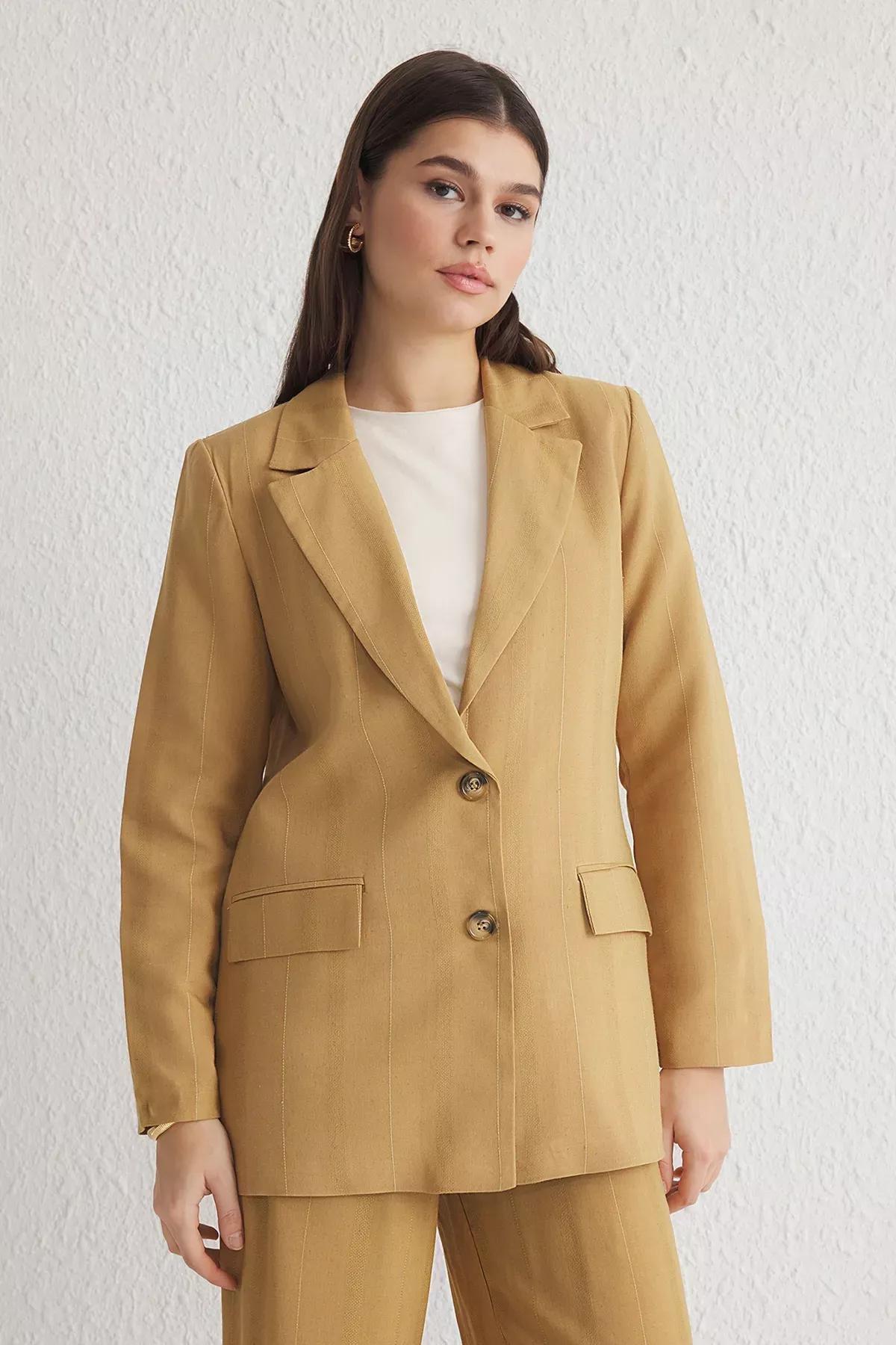 Jacquard Plain Single Breasted Blazer, CAMEL, large image number 0