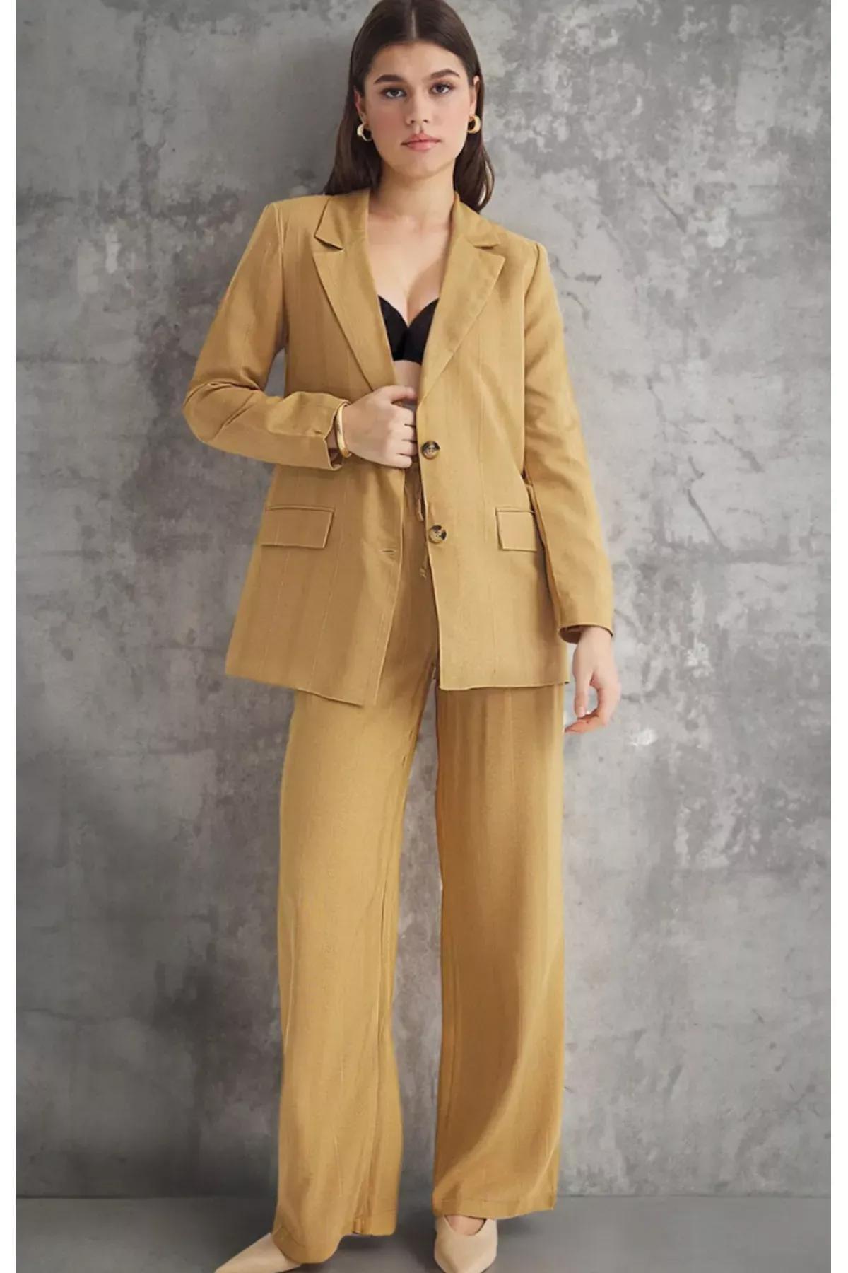 Jacquard Plain Single Breasted Blazer, CAMEL, large image number 1