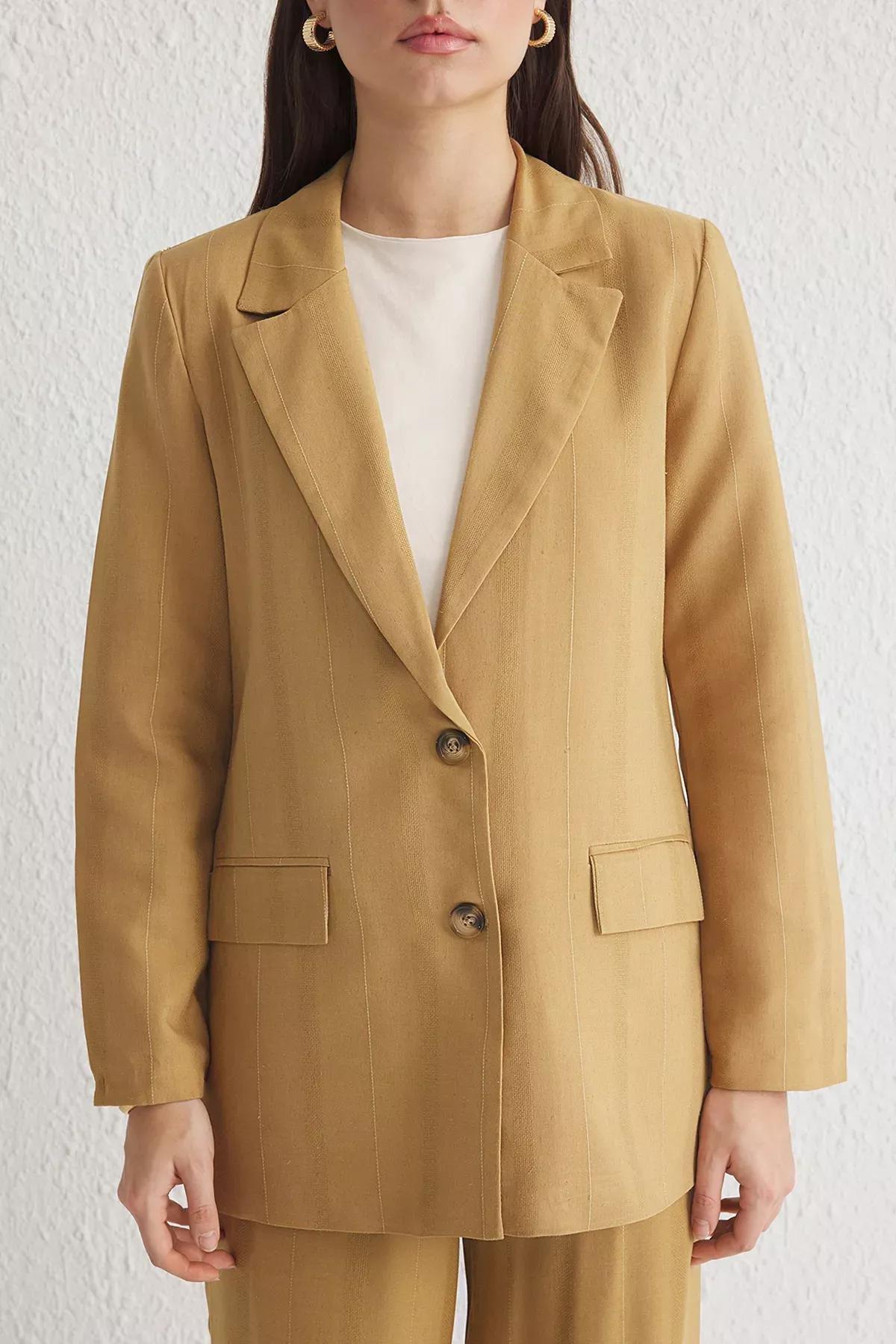 Jacquard Plain Single Breasted Blazer, CAMEL, large image number 2