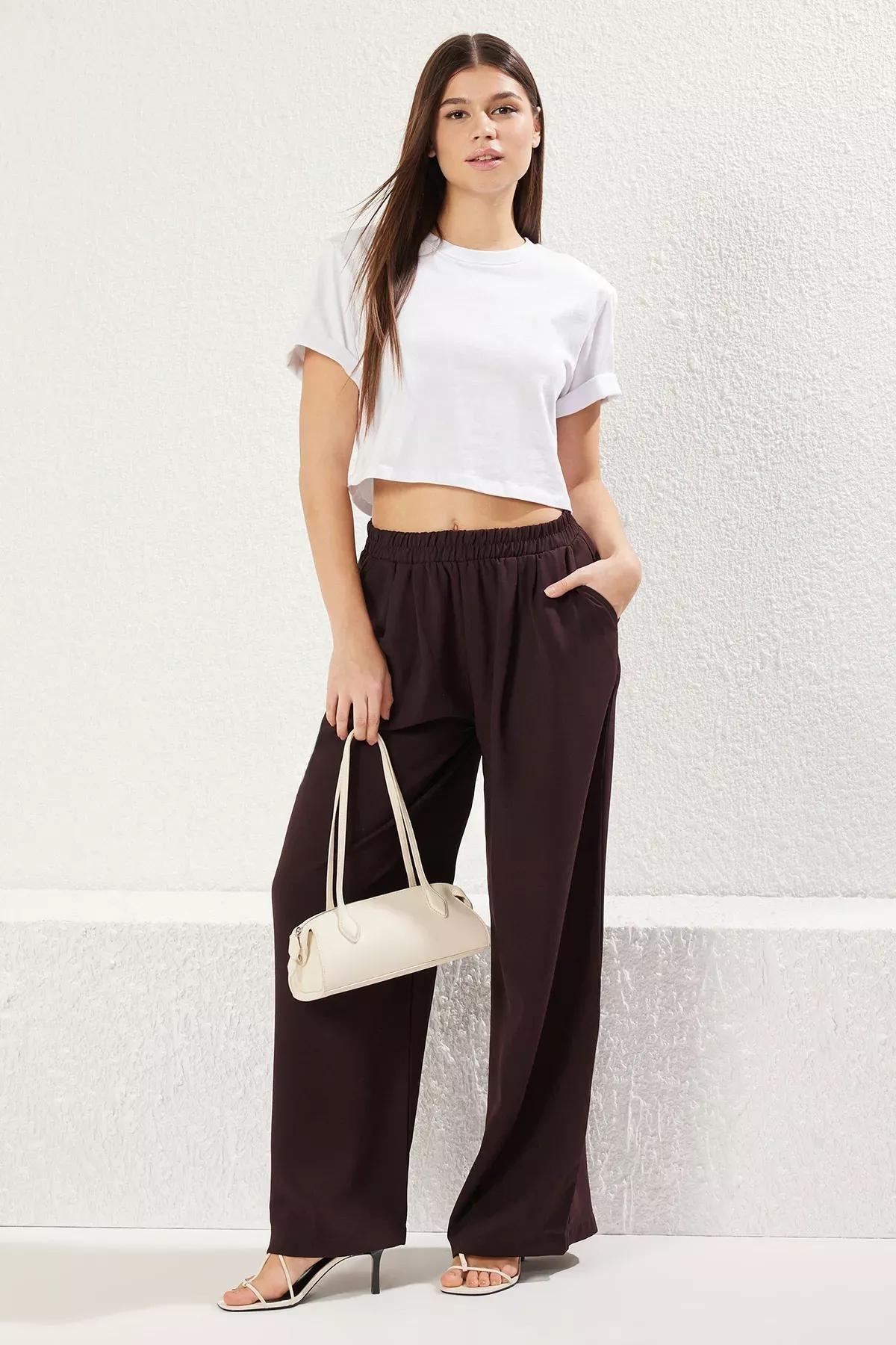 Brown Elastic Pull On Wide Trousers, , large image number 0