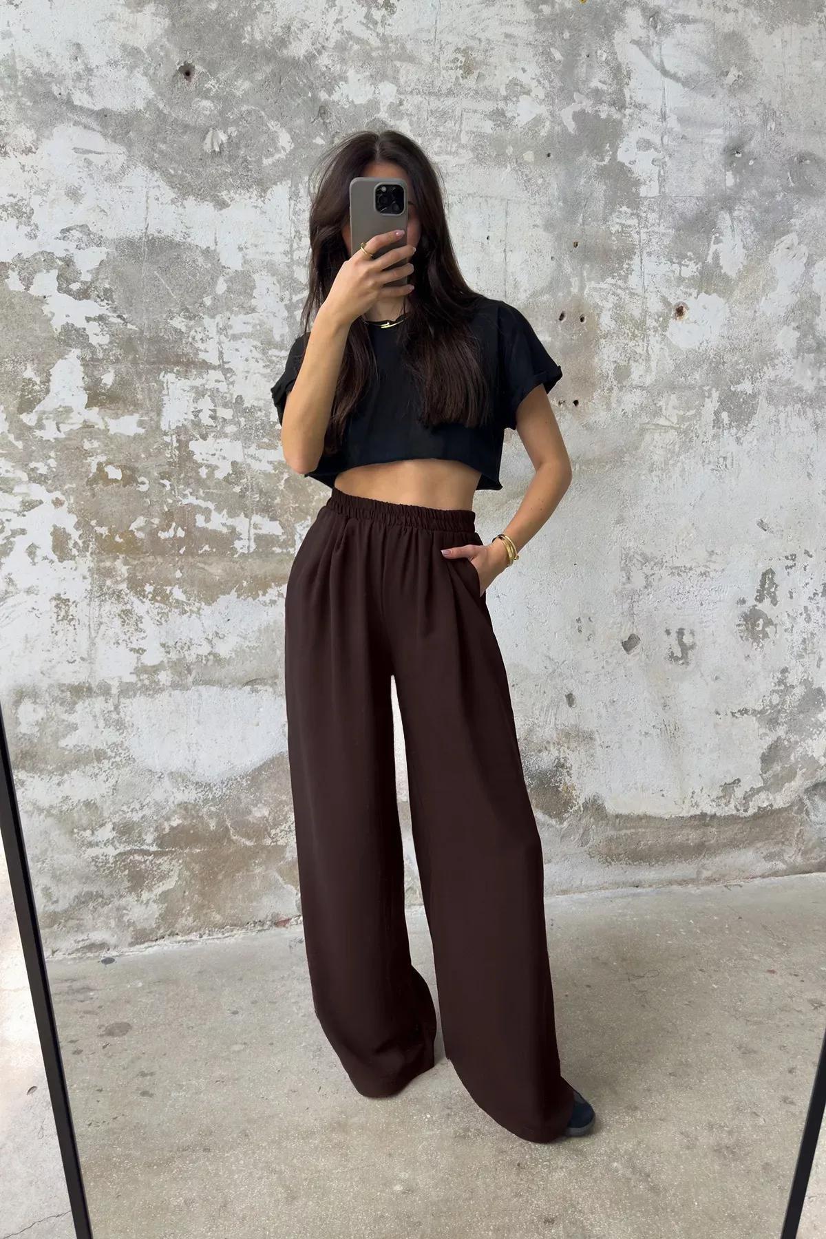 Brown Elastic Pull On Wide Trousers, Brown, large image number 0