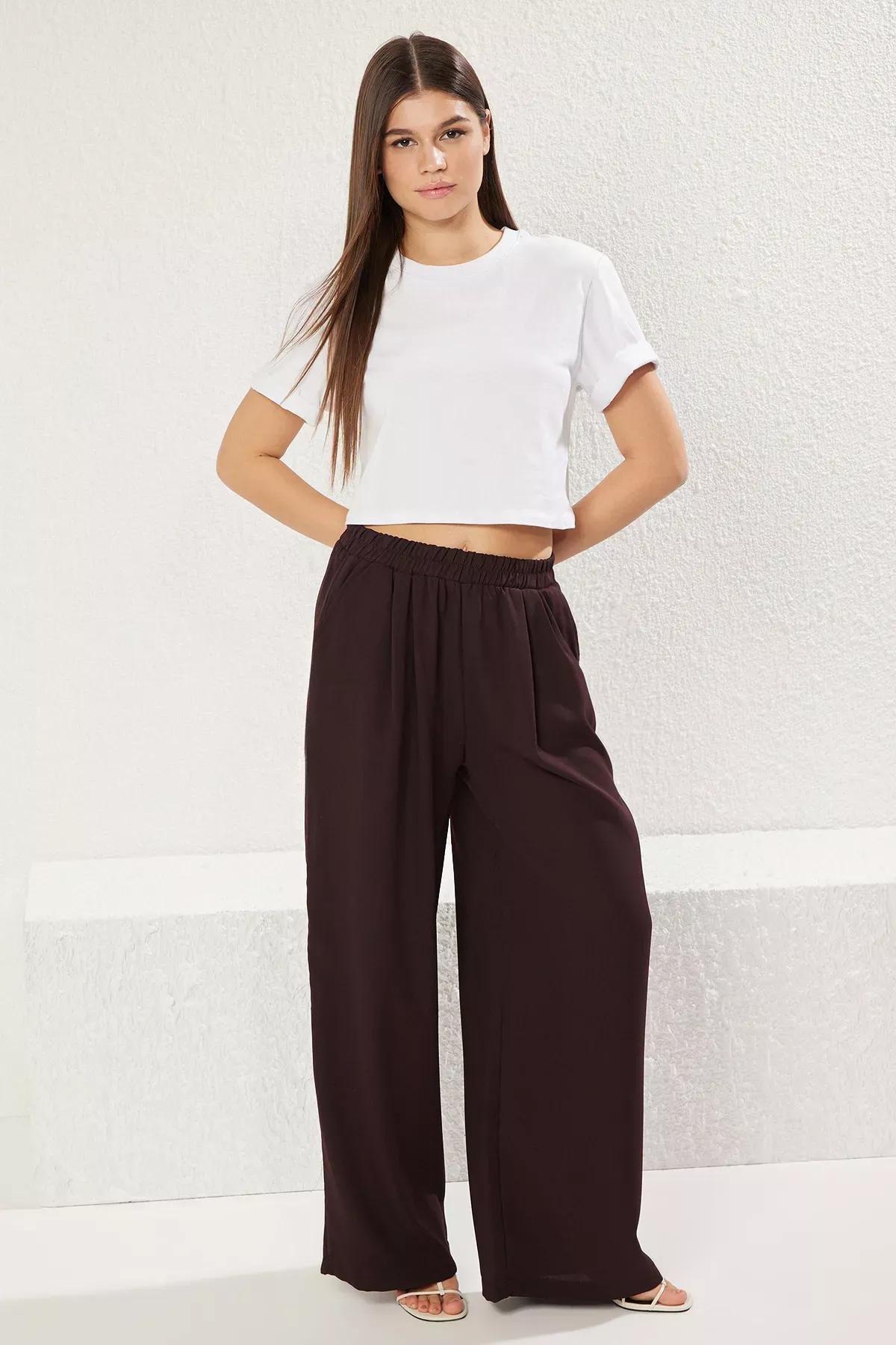 Brown Elastic Pull On Wide Trousers, , large image number 1