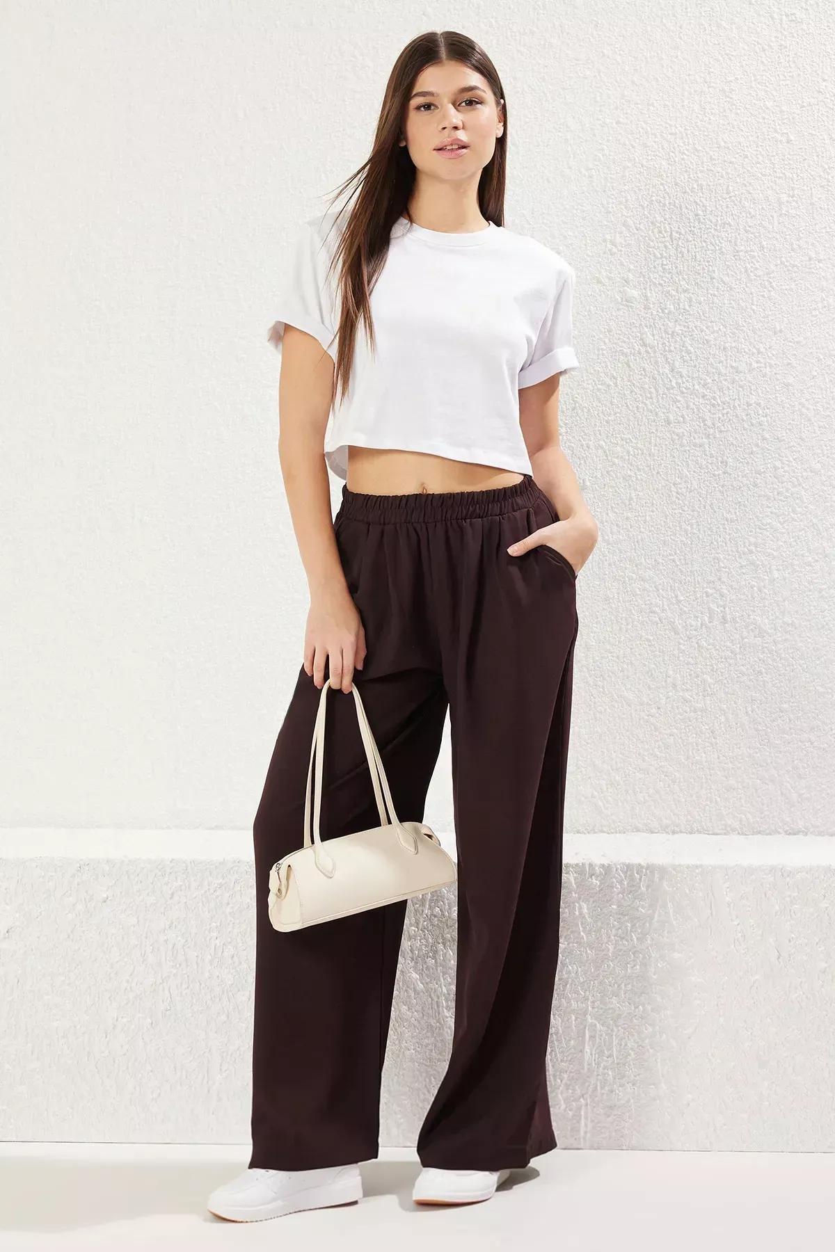 Brown Elastic Pull On Wide Trousers, Brown, large image number 2