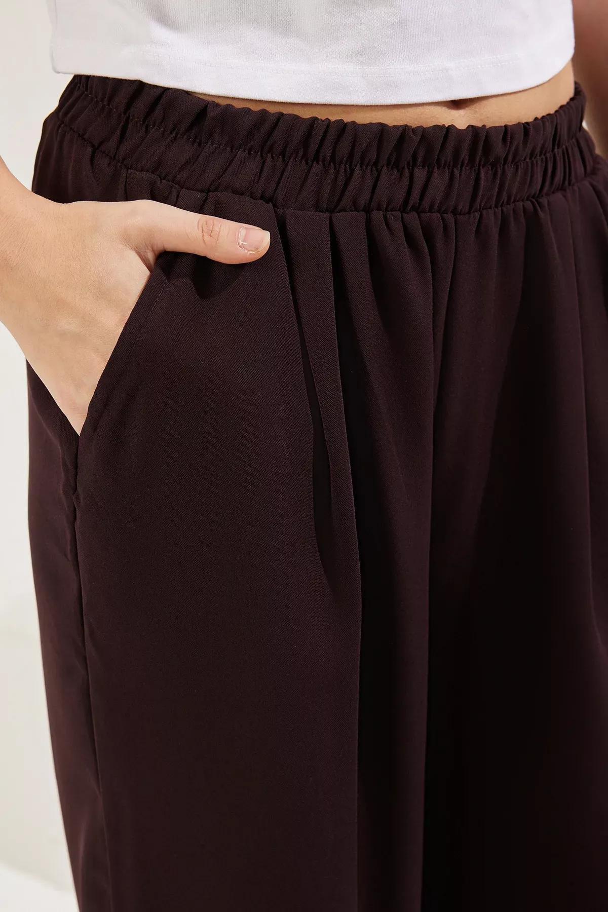 Brown Elastic Pull On Wide Trousers, , large image number 3