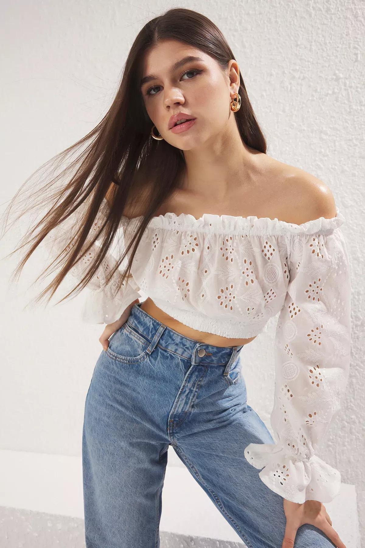 White Embroidered Off Shoulder Crop Blouse, , large image number 0