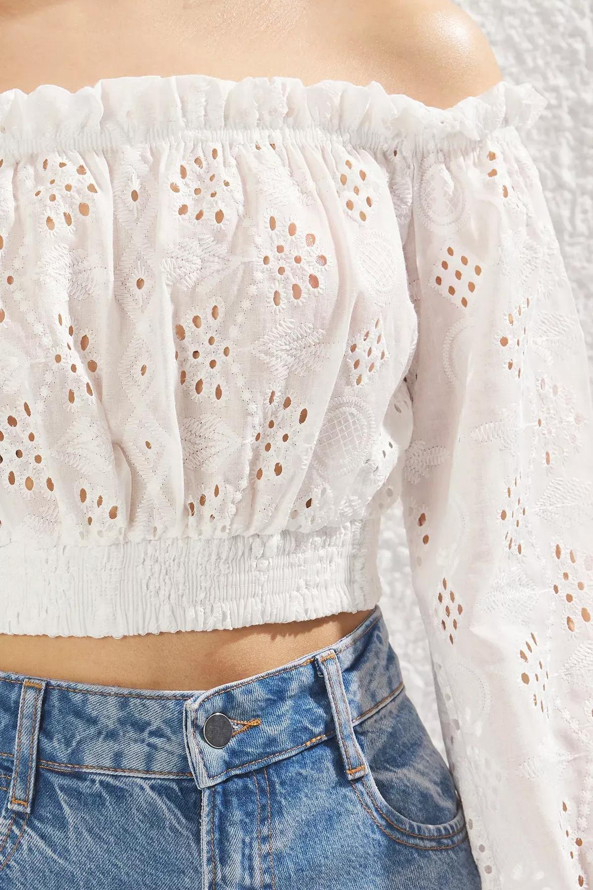 White Embroidered Off Shoulder Crop Blouse, , large image number 2