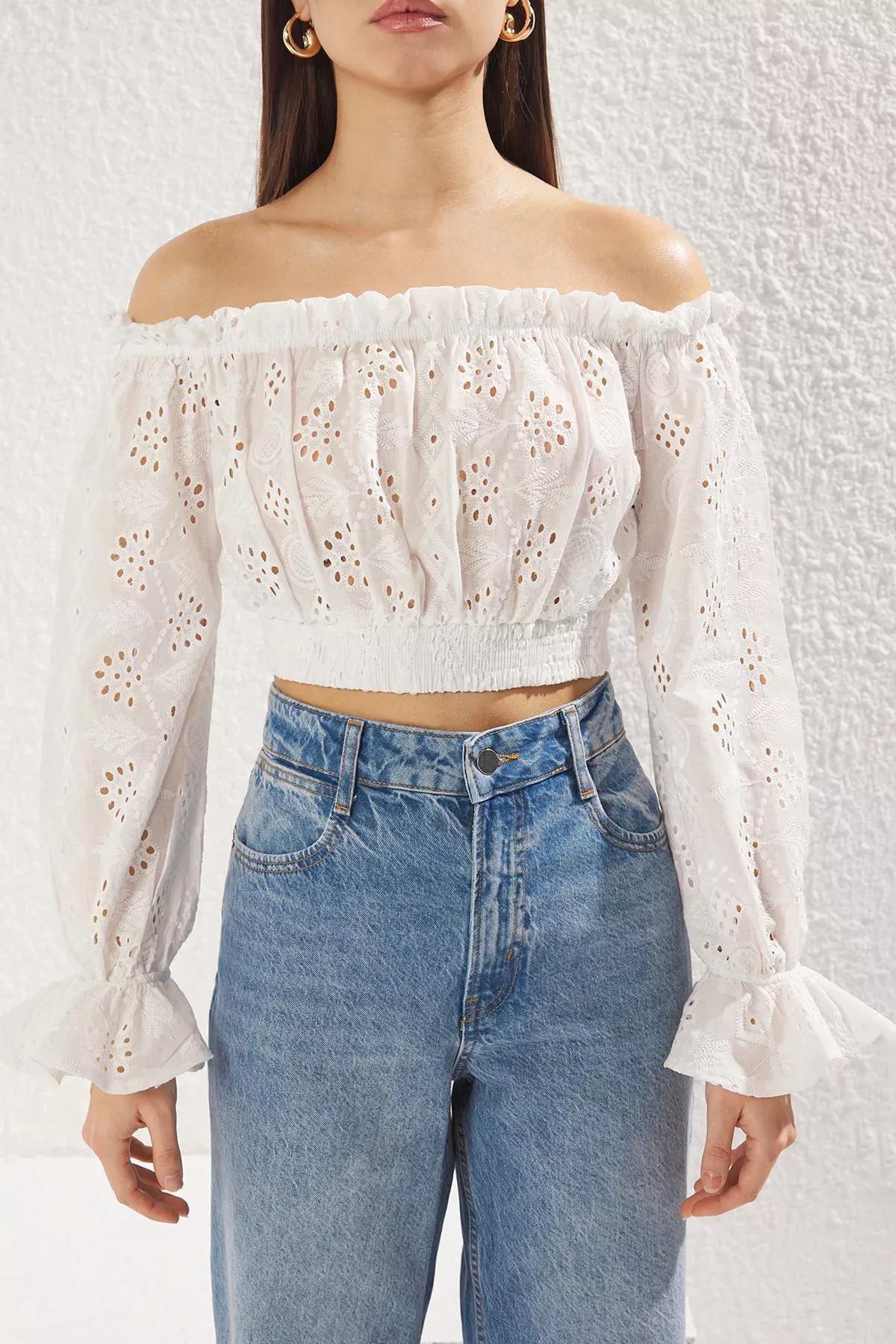 White Embroidered Off Shoulder Crop Blouse, , large image number 3