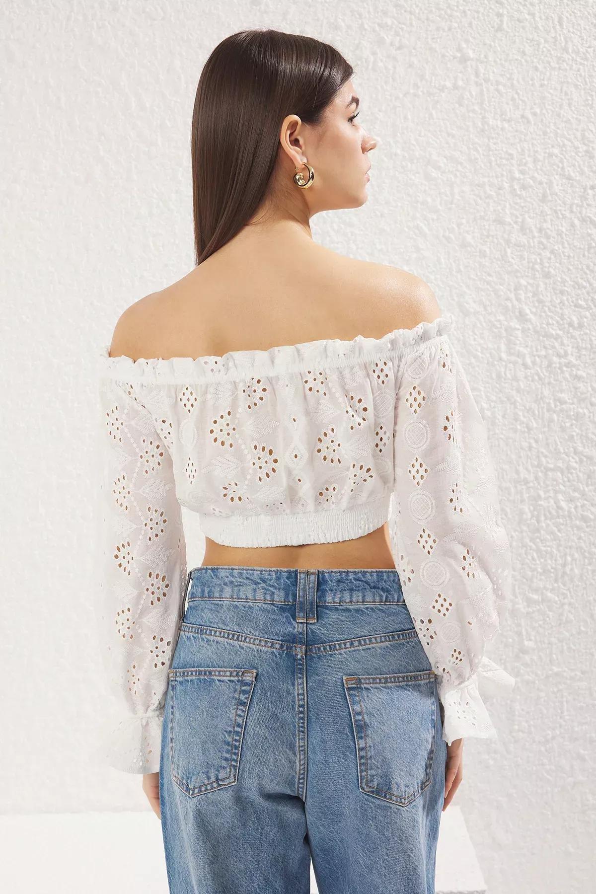 White Embroidered Off Shoulder Crop Blouse, , large image number 4
