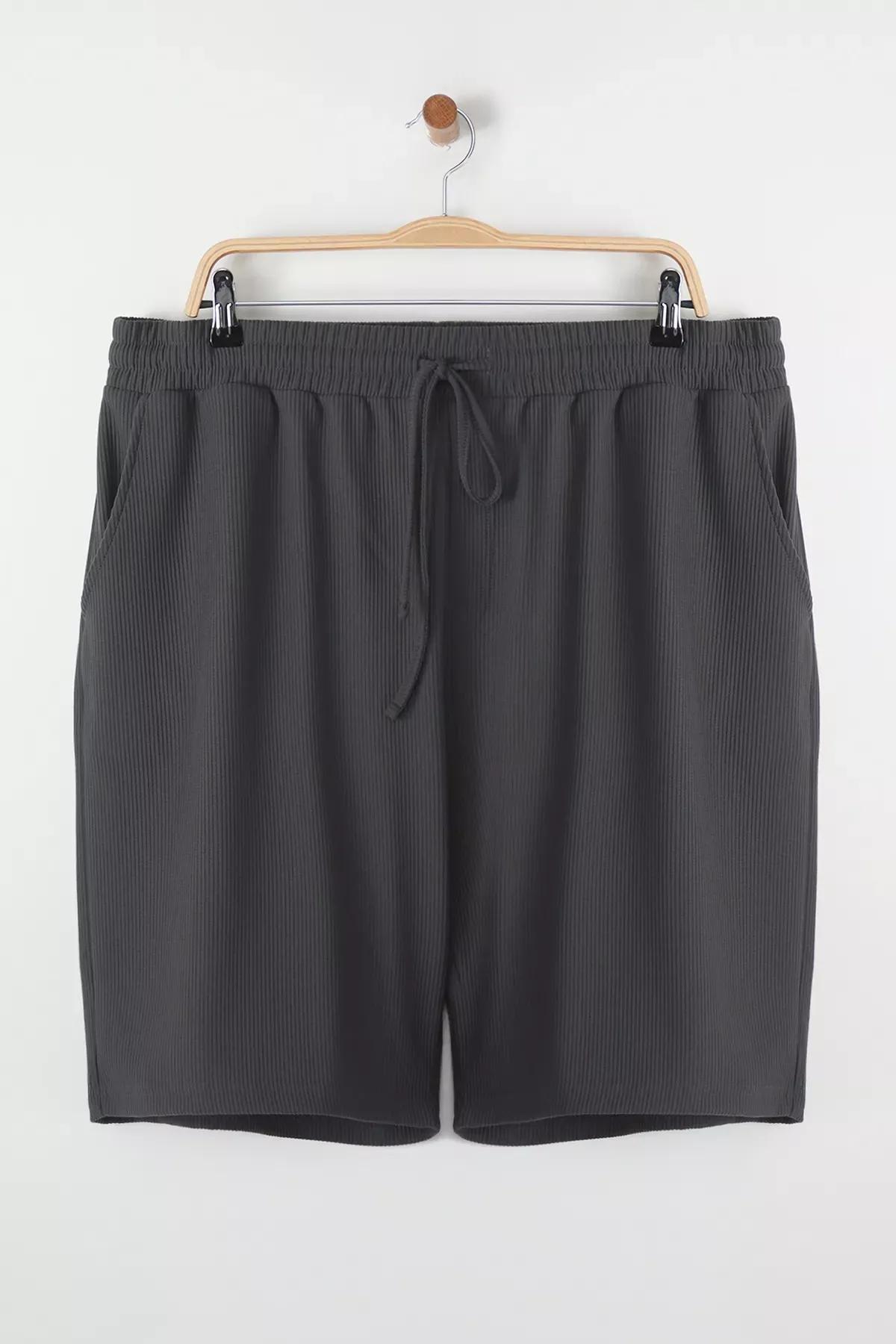 Grey Oversized Textured Plus-Size Shorts, , large image number 1