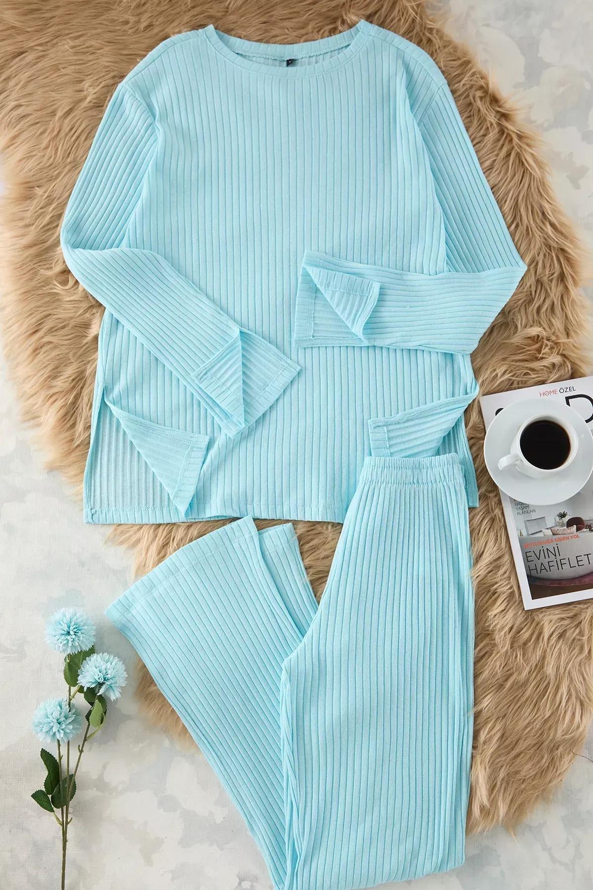Green Slit Detail Ribbed Pajama Set, , large image number 0