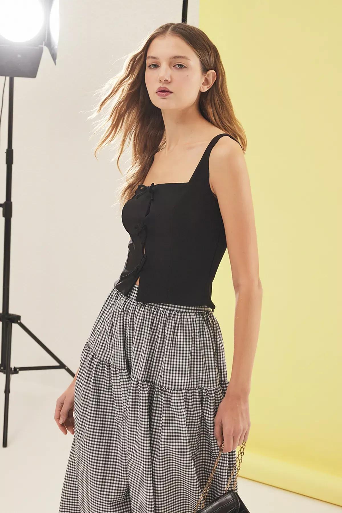 Black Bow Strap Woven Blouse, BLACK, large image number 1