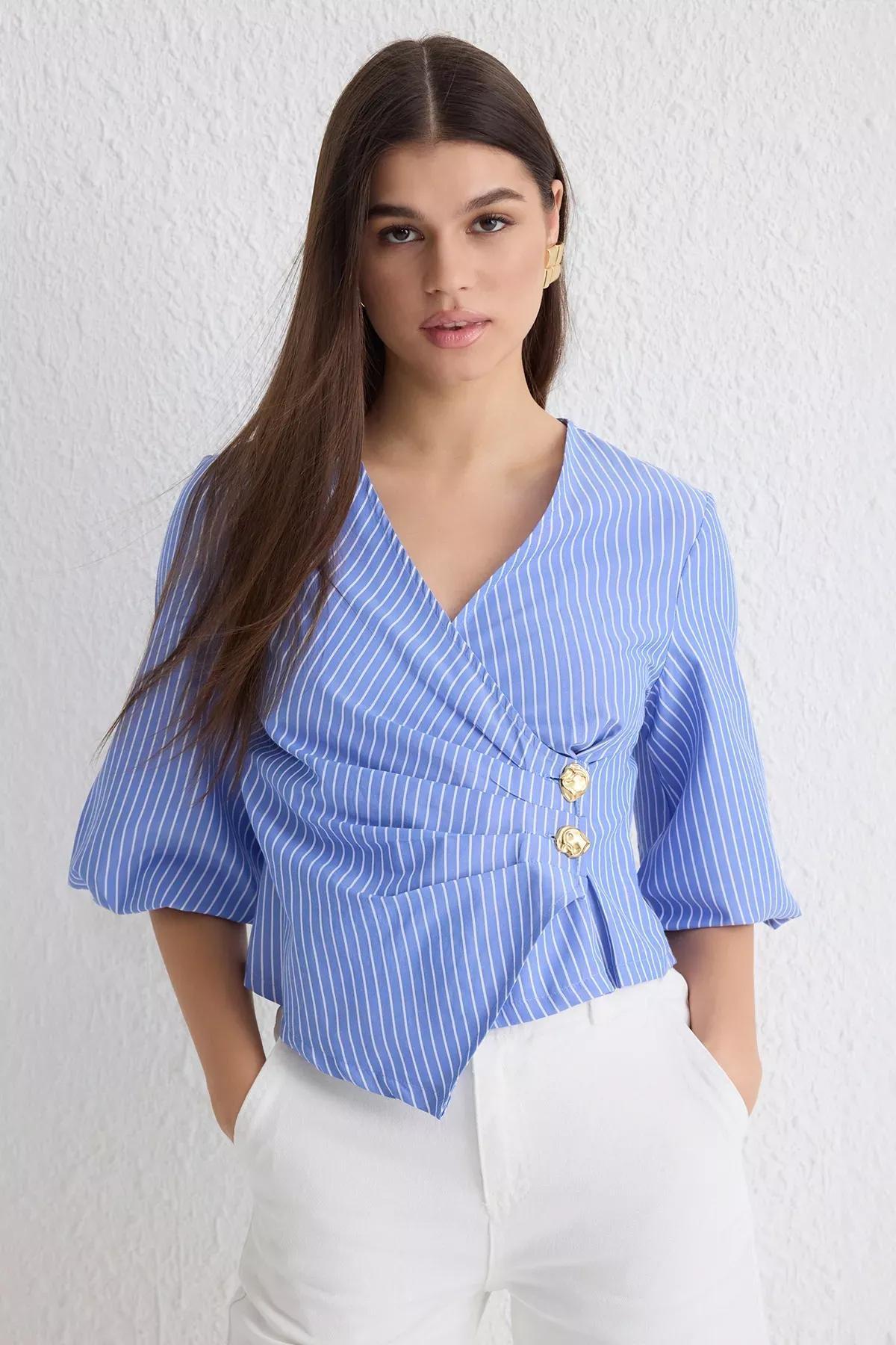 Blue Double Breasted Striped Blouse, , large image number 0