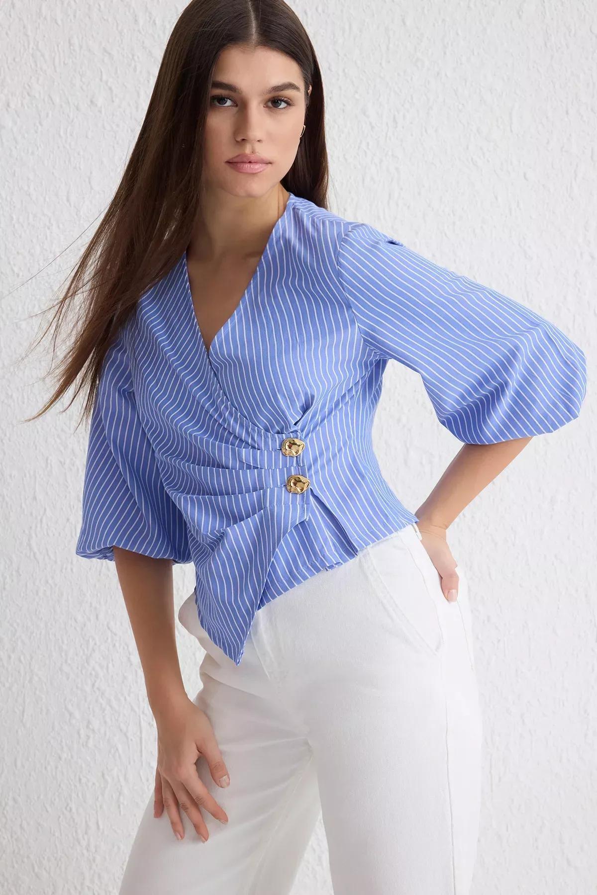 Blue Double Breasted Striped Blouse, , large image number 1