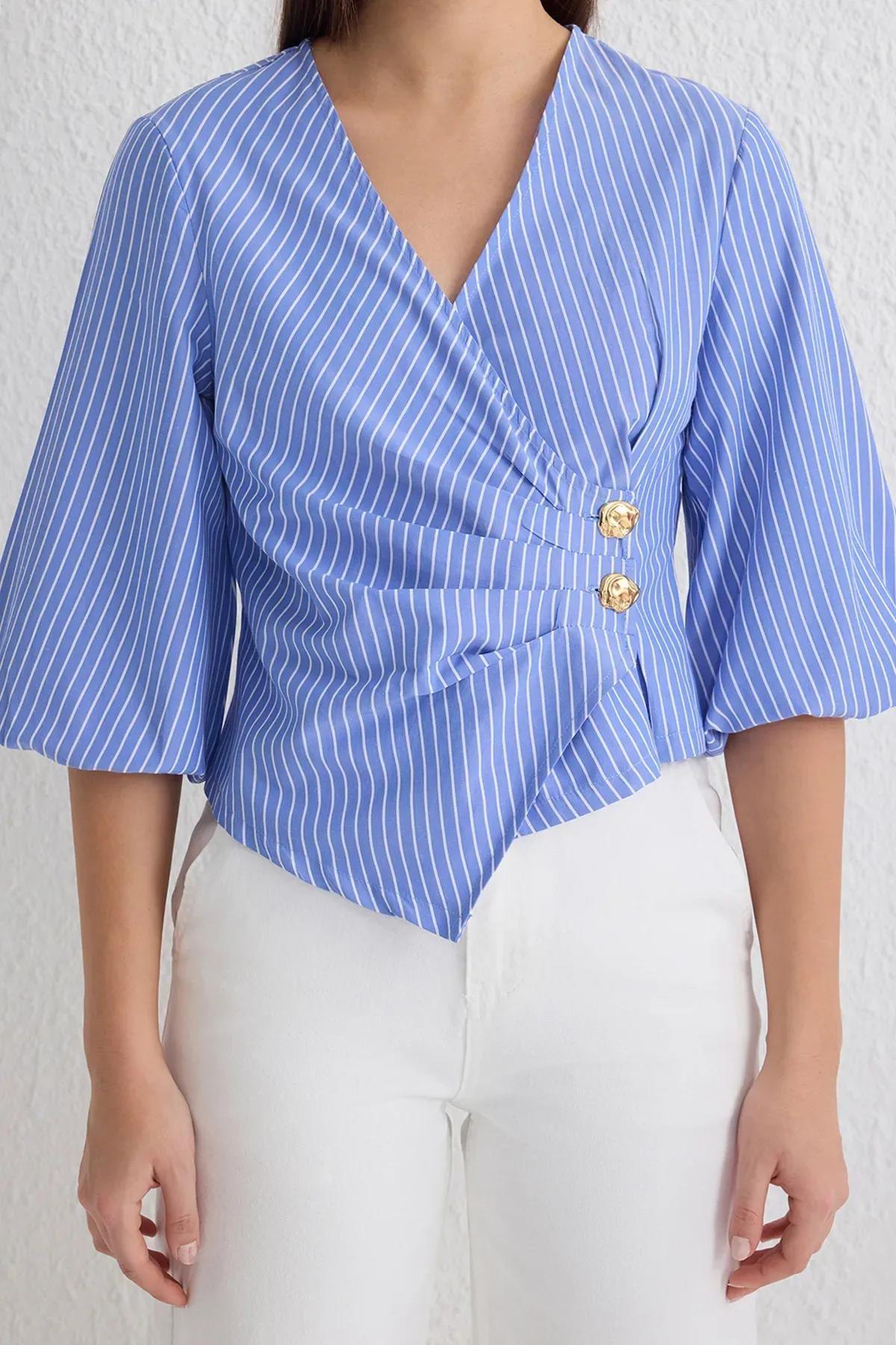 Blue Double Breasted Striped Blouse, , large image number 2