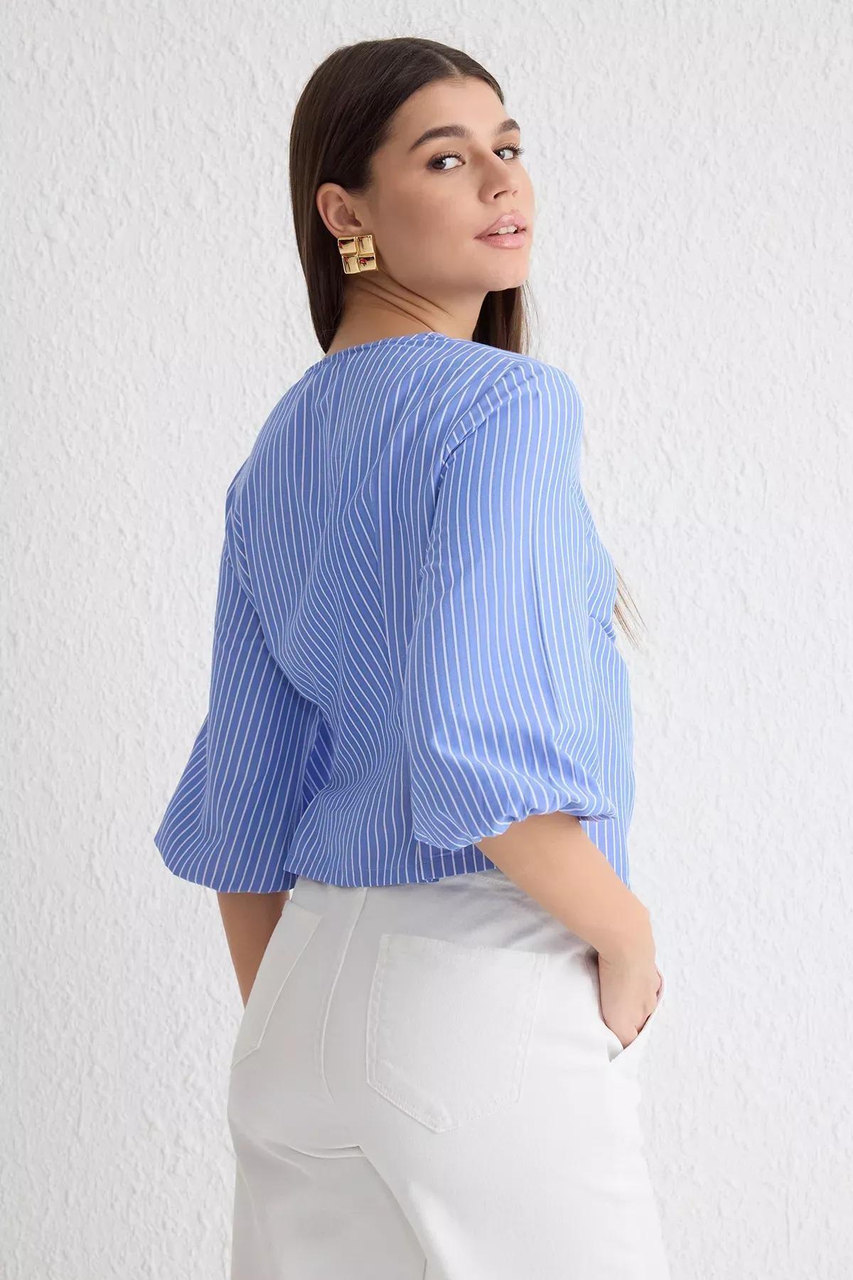 Blue Double Breasted Striped Blouse, , large image number 4