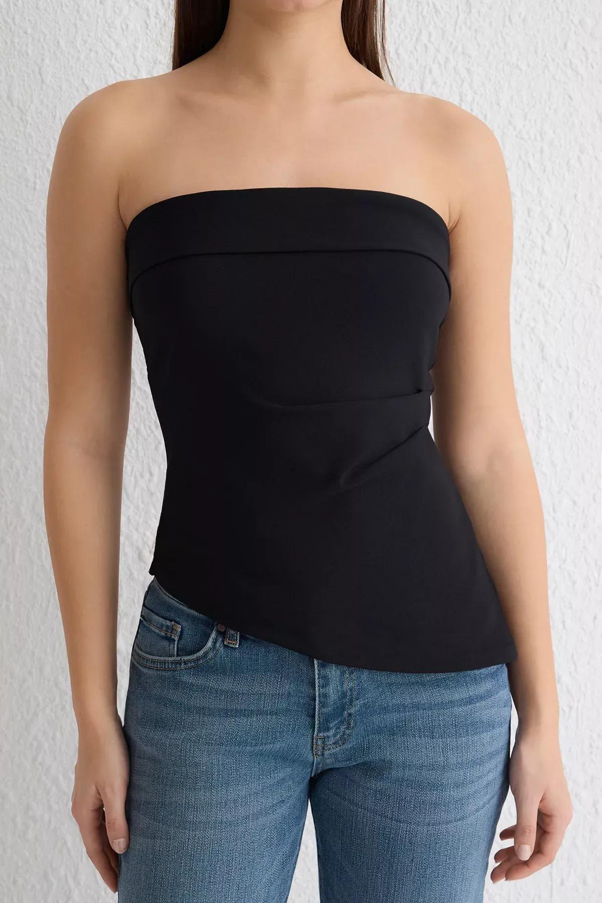 Black Strapless Asymmetric Cut Blouse, , large image number 2