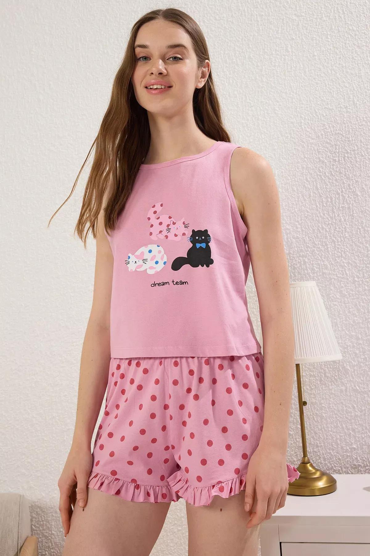 Pink Cat Polka Dot Ruffle Pajama Set with Shorts, , large image number 0