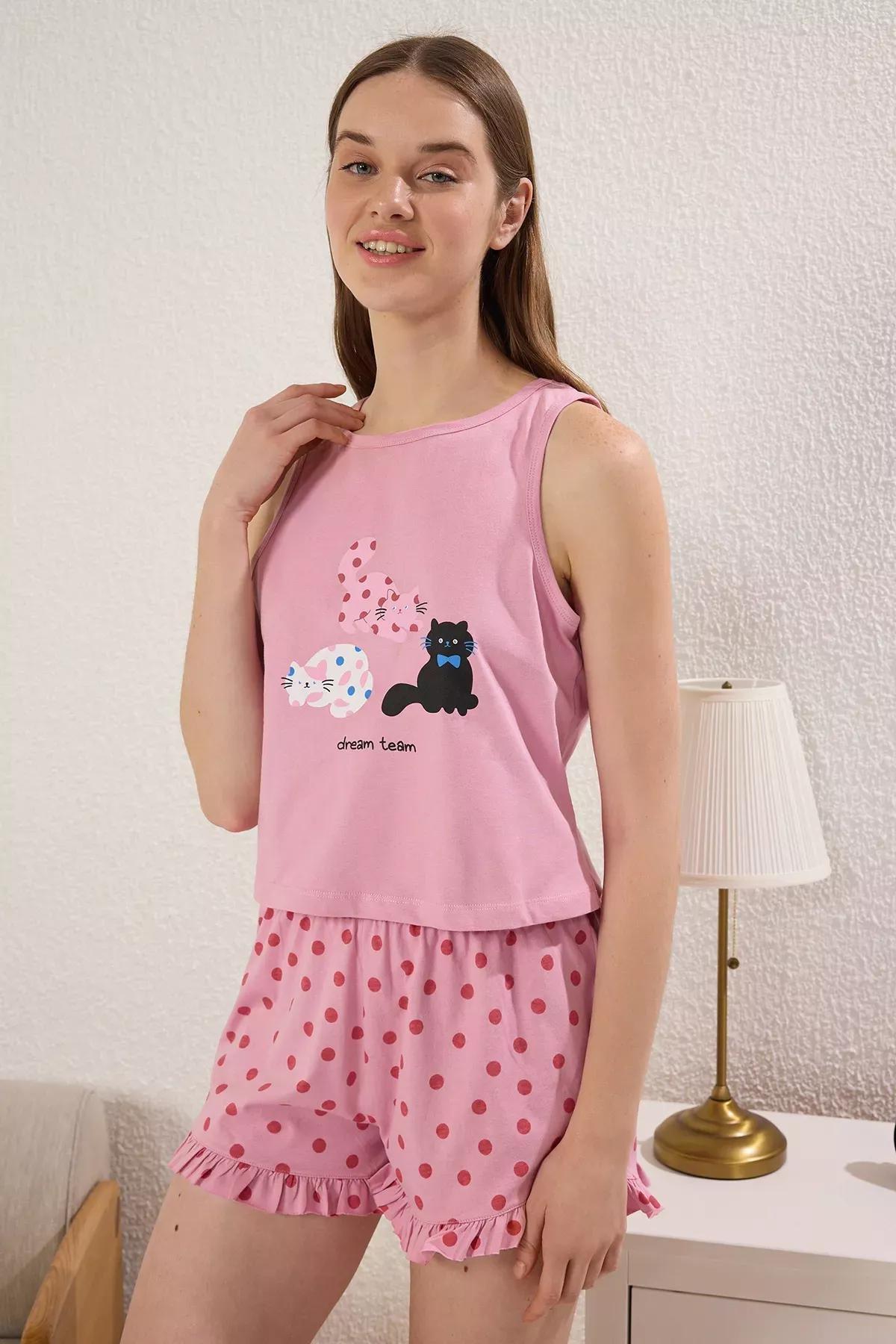 Pink Cat Polka Dot Ruffle Pajama Set with Shorts, , large image number 1