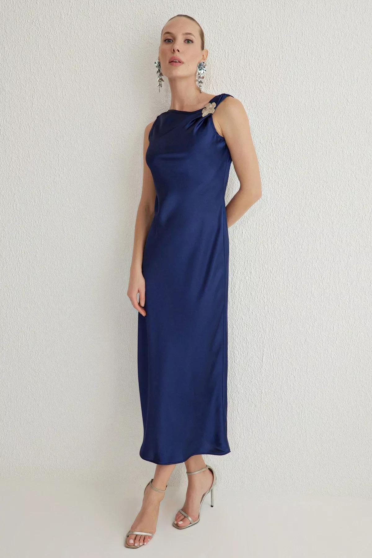 Navy Satin Elegant Dress, Navy blue, large image number 0