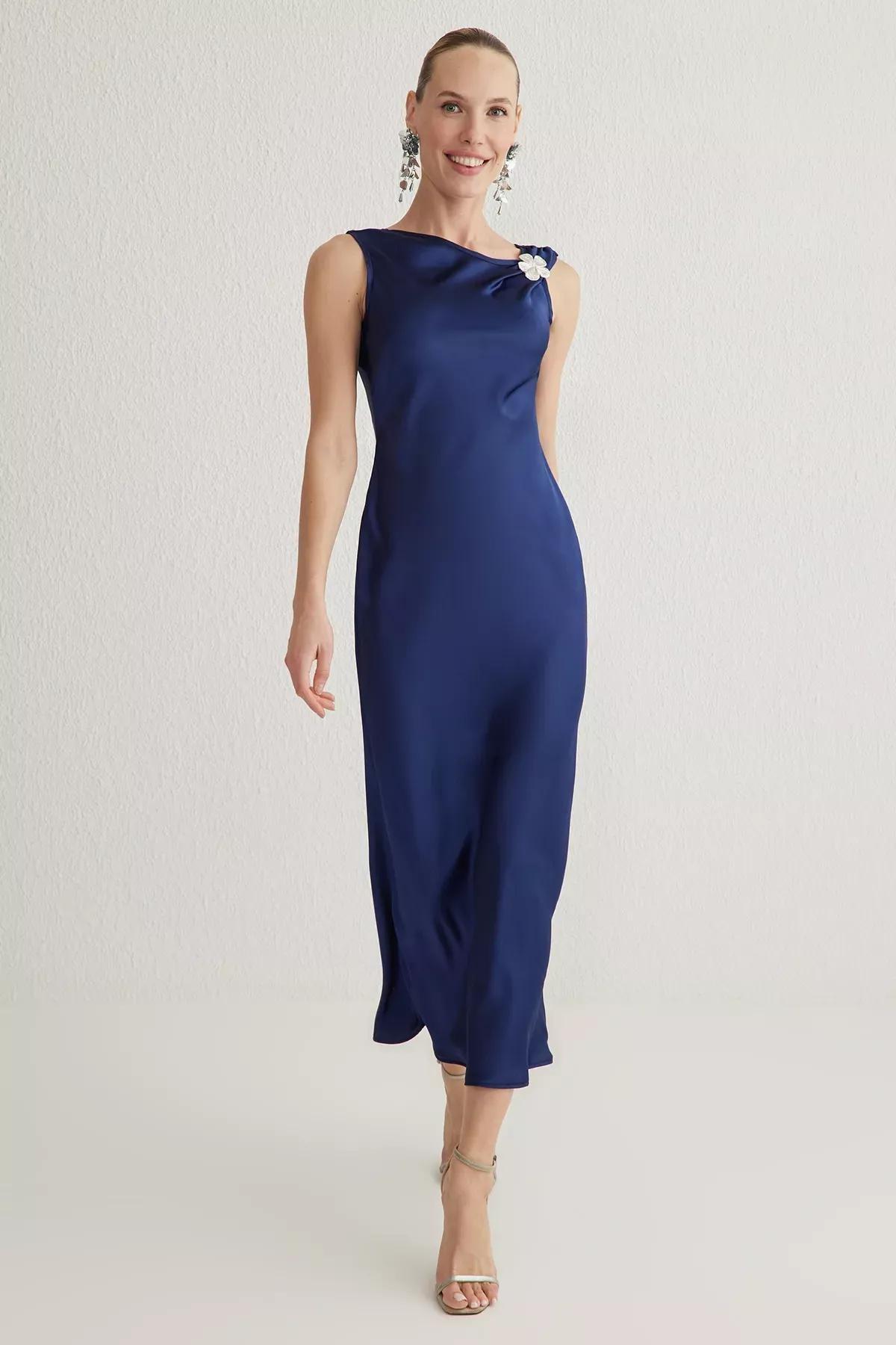 Navy Satin Elegant Dress, Navy blue, medium