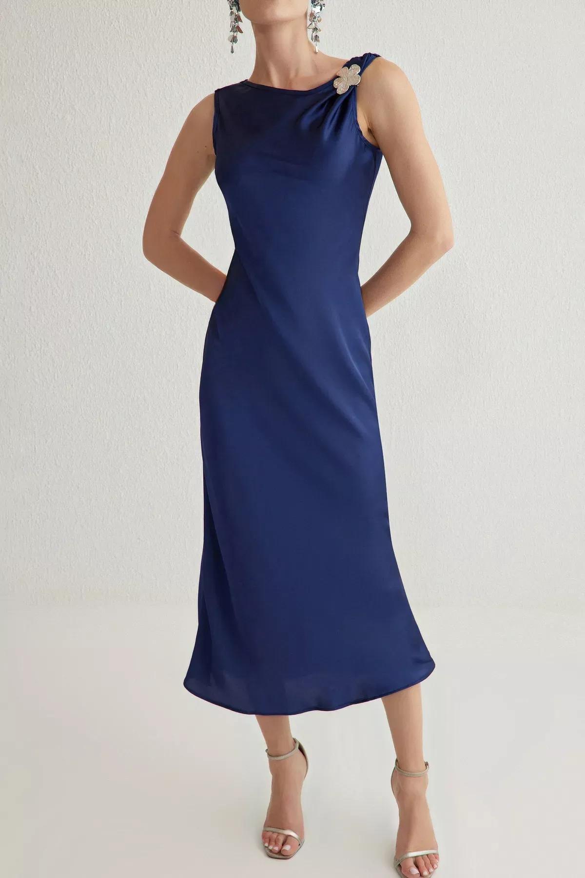 Navy Satin Elegant Dress, Navy blue, large image number 2