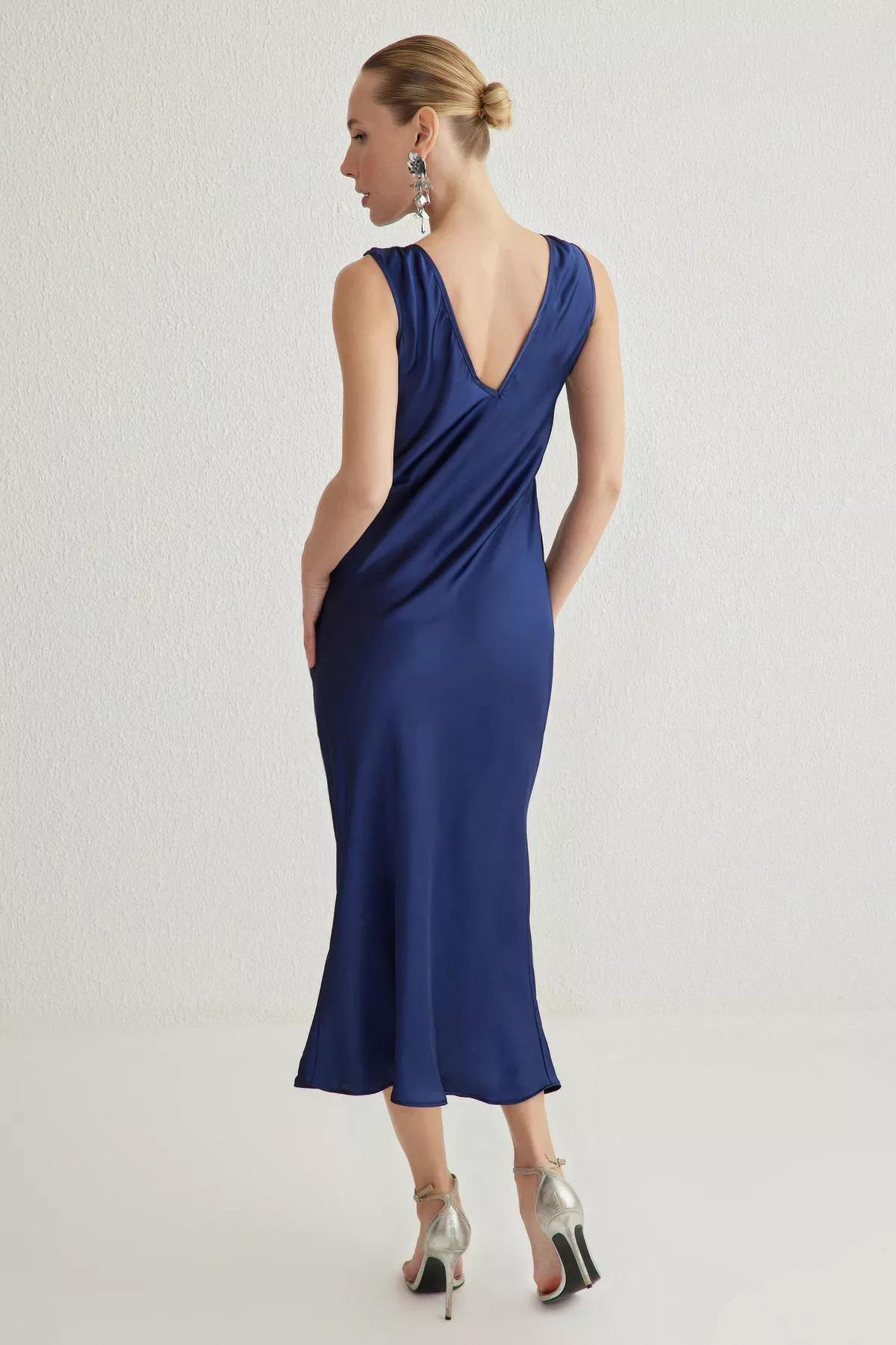 Navy Satin Elegant Dress, Navy blue, large image number 4