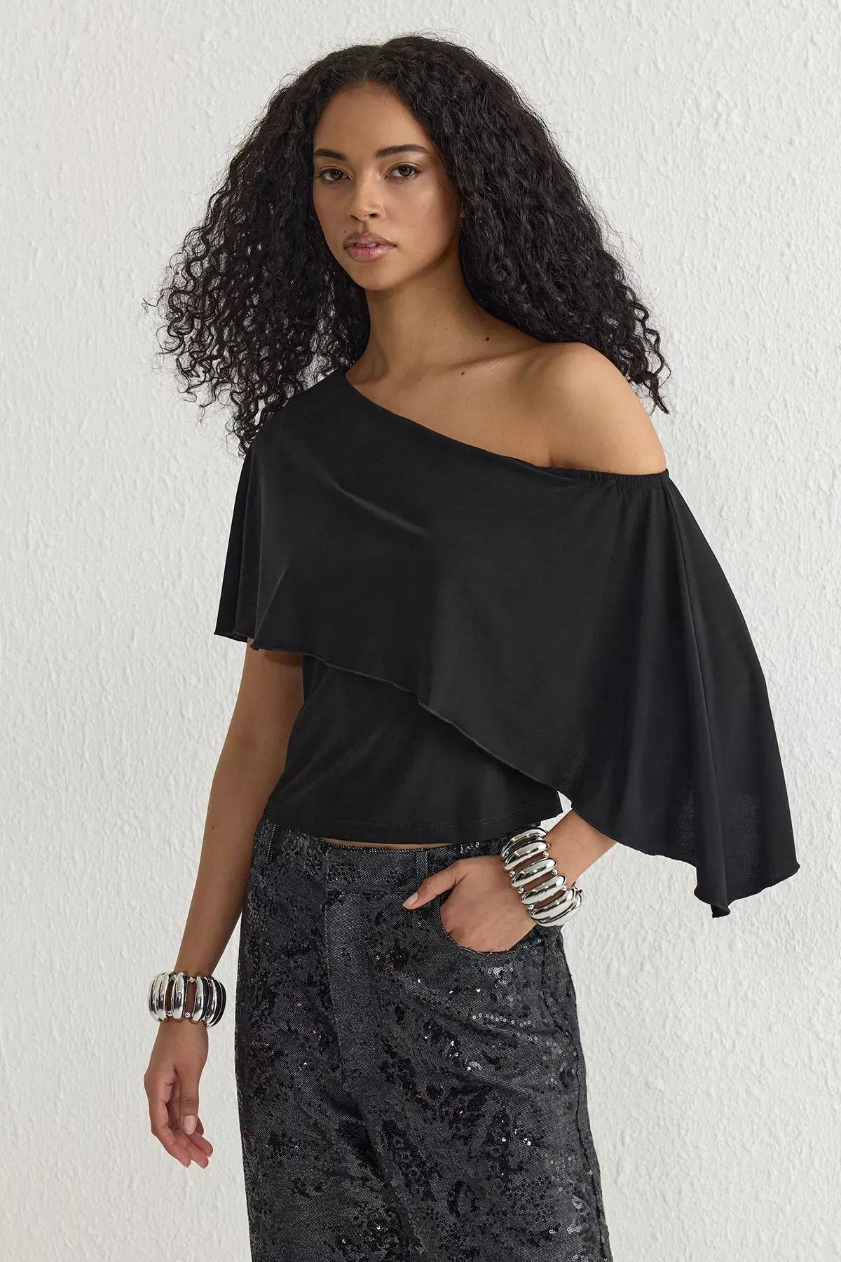 Black Asymmetric Cape Knit Blouse, , large image number 0