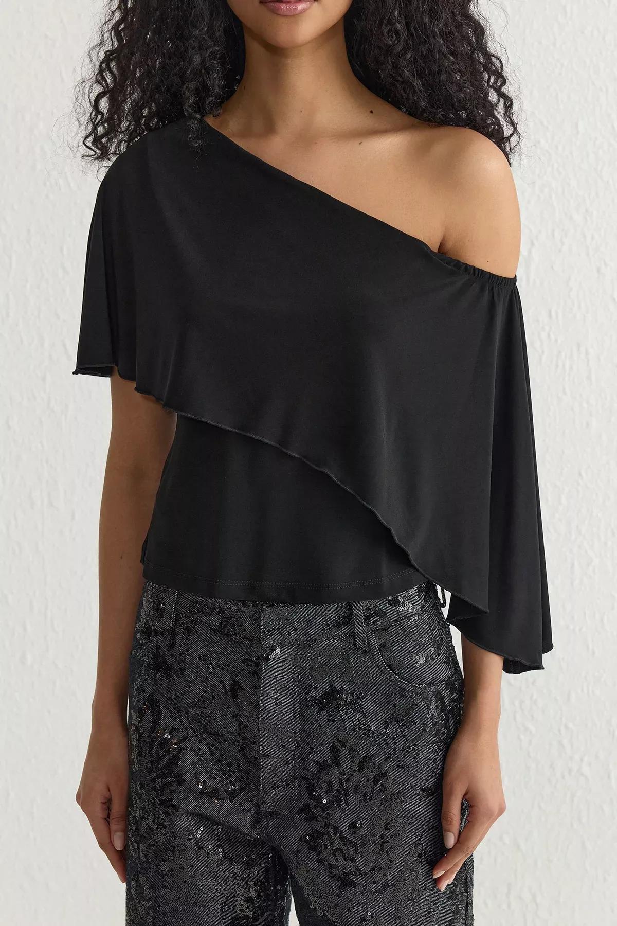 Black Asymmetric Cape Knit Blouse, , large image number 2