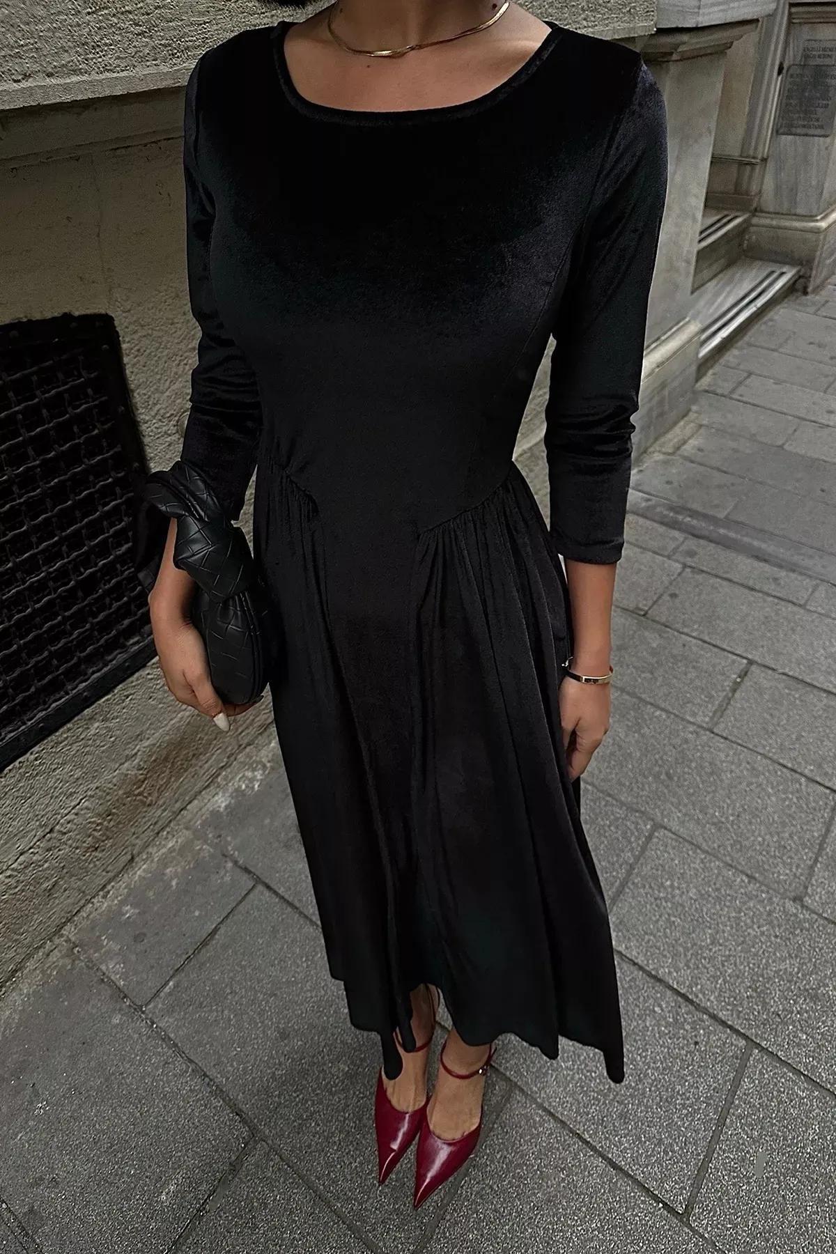 Black A-Cut Velvet Knitted Dress, , large image number 1