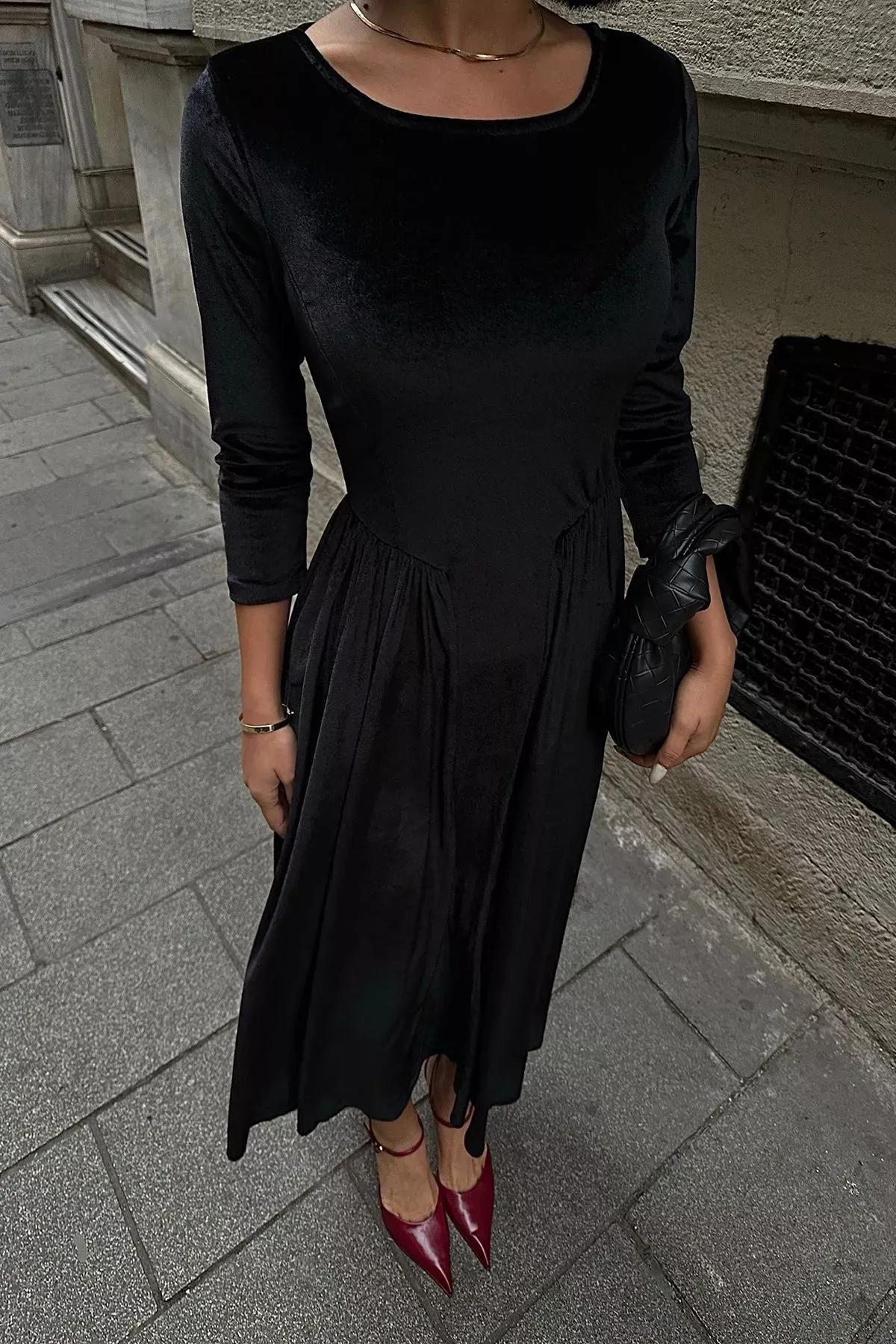 Black A-Cut Velvet Knitted Dress, BLACK, large image number 1