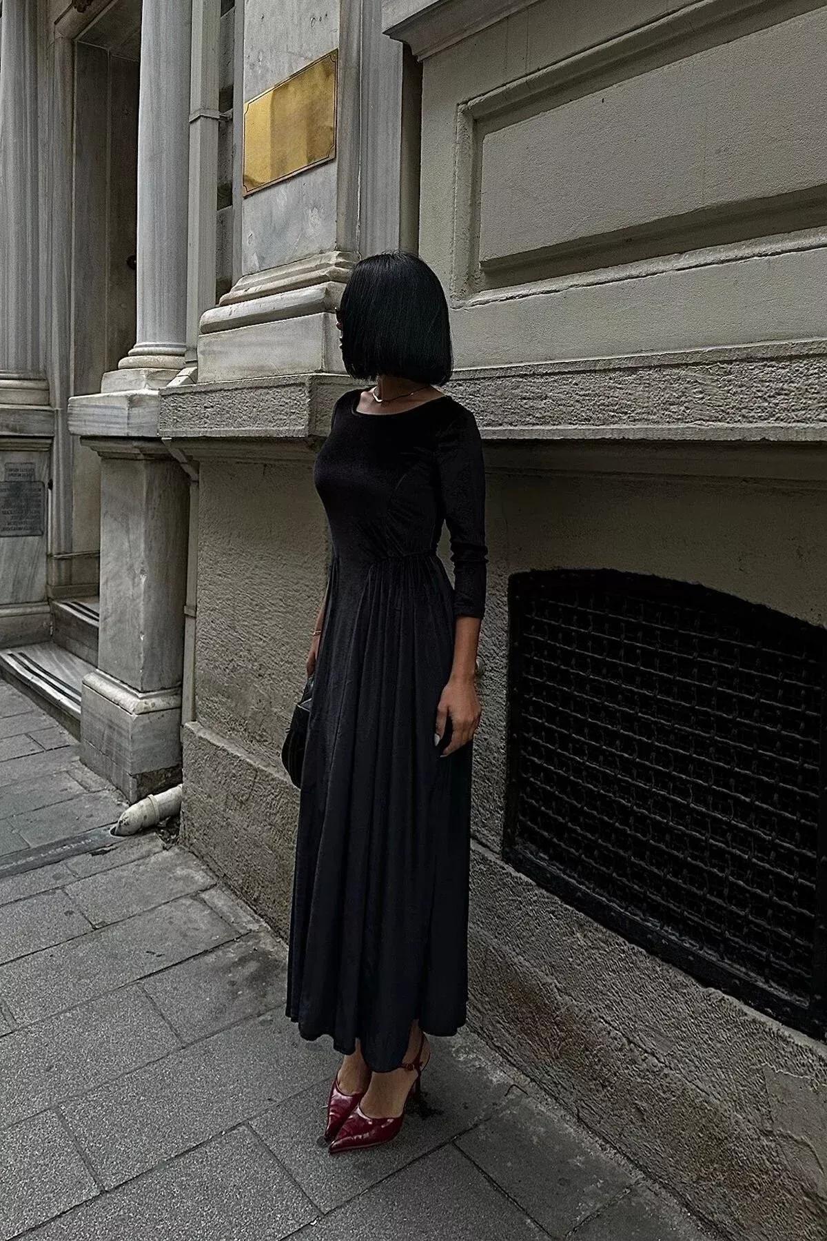Black A-Cut Velvet Knitted Dress, BLACK, large image number 2