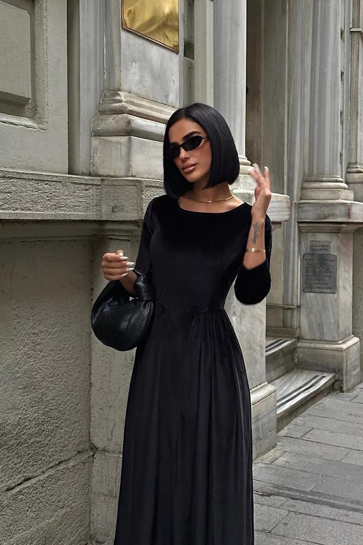 Black A-Cut Velvet Knitted Dress, , large image number 3