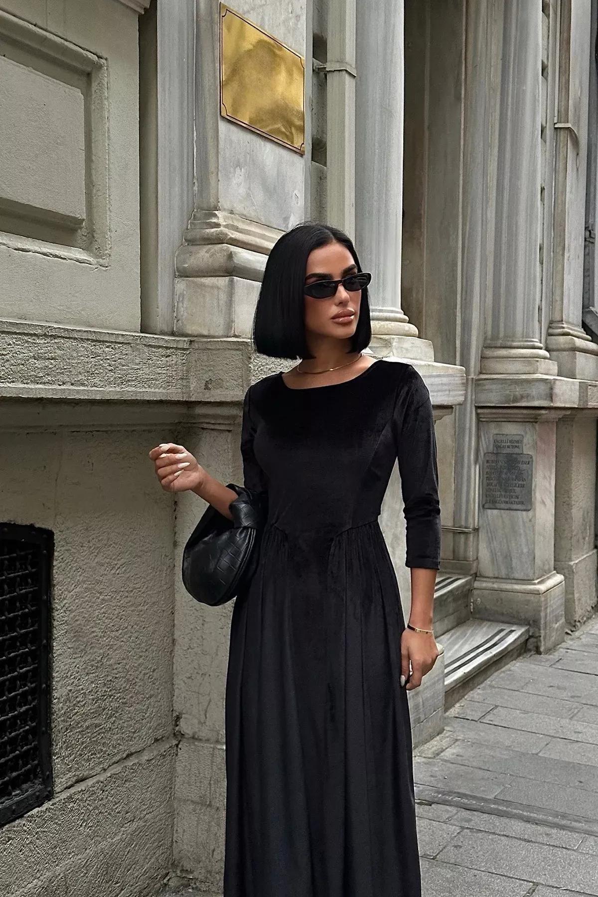 Black A-Cut Velvet Knitted Dress, , large image number 4