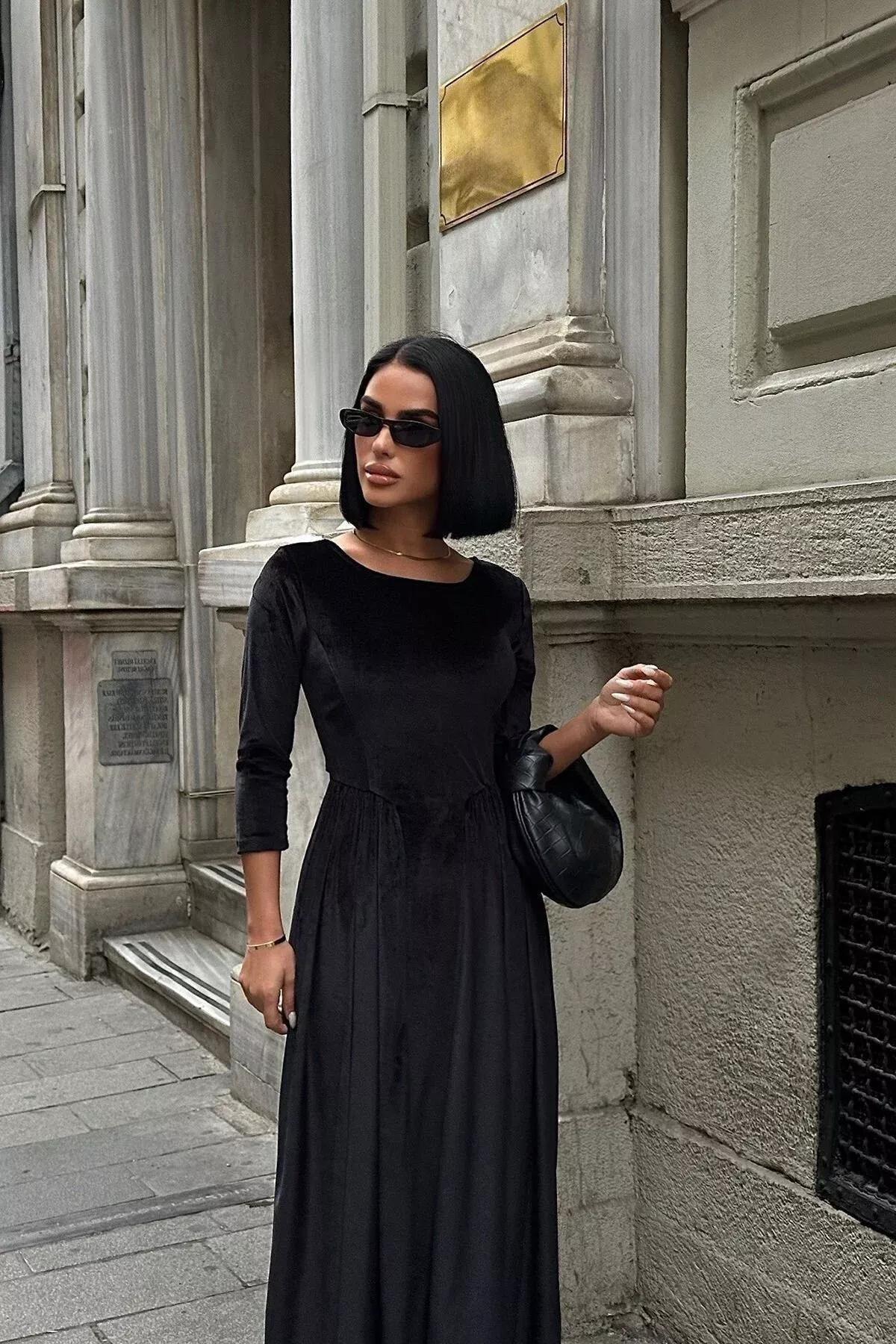 Black A-Cut Velvet Knitted Dress, BLACK, large image number 4
