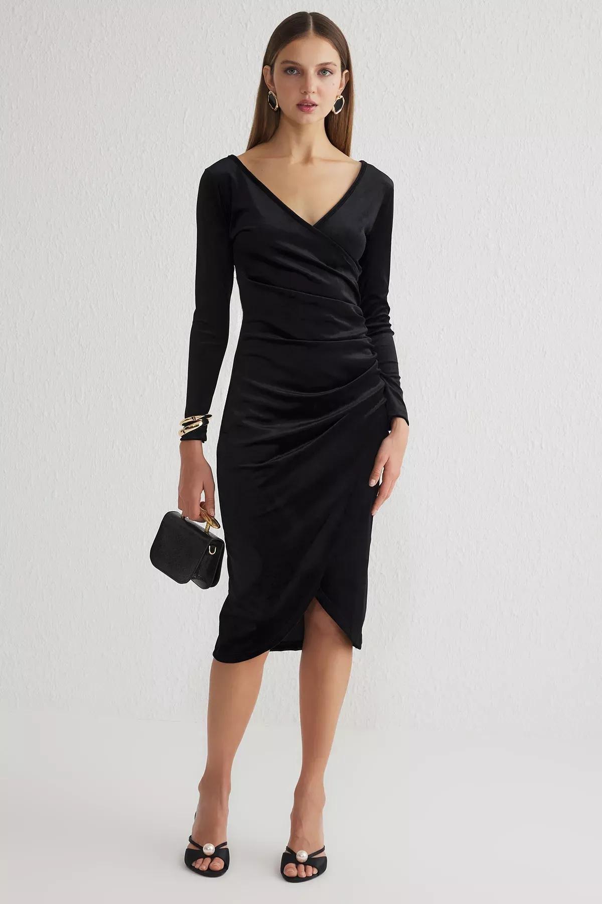 Black V-Neck Velvet Knitted Dress, BLACK, large image number 0