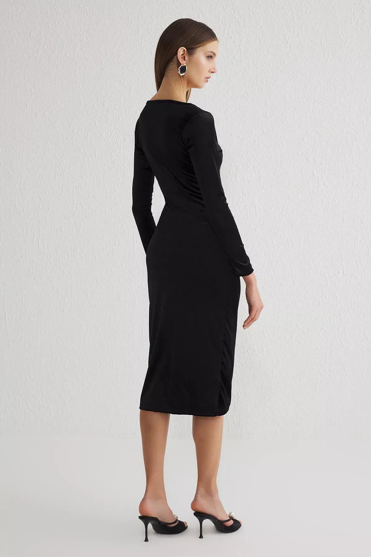 Black V-Neck Velvet Knitted Dress, BLACK, large image number 3